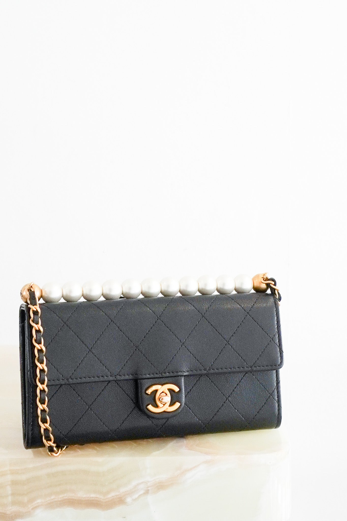 Front Chanel Chic Pearl Wallet on Chain with Black Lambskin Leather London