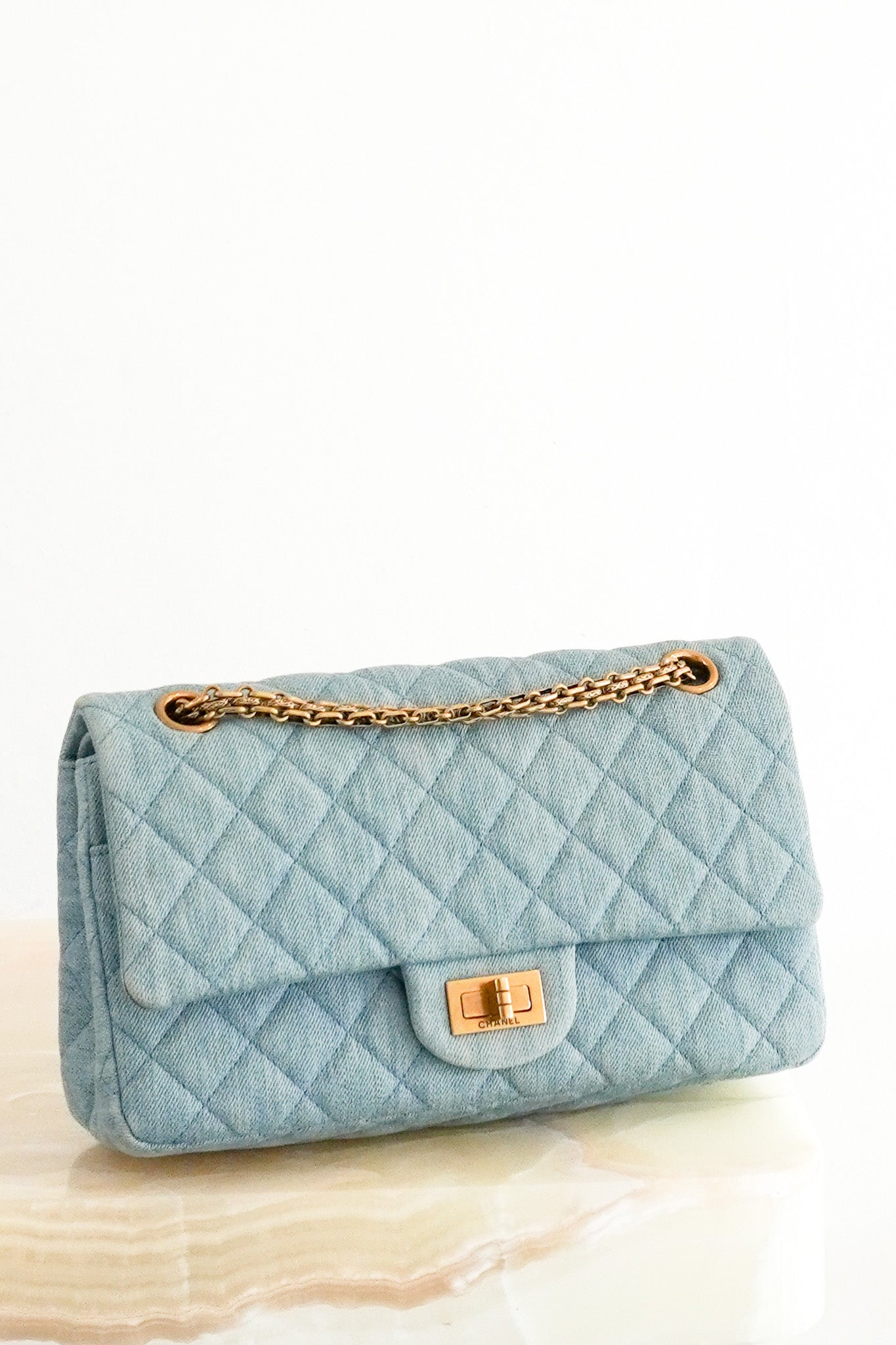 Front Chanel Light Blue Denim 2.55 Double Flap Bag Chelsea London