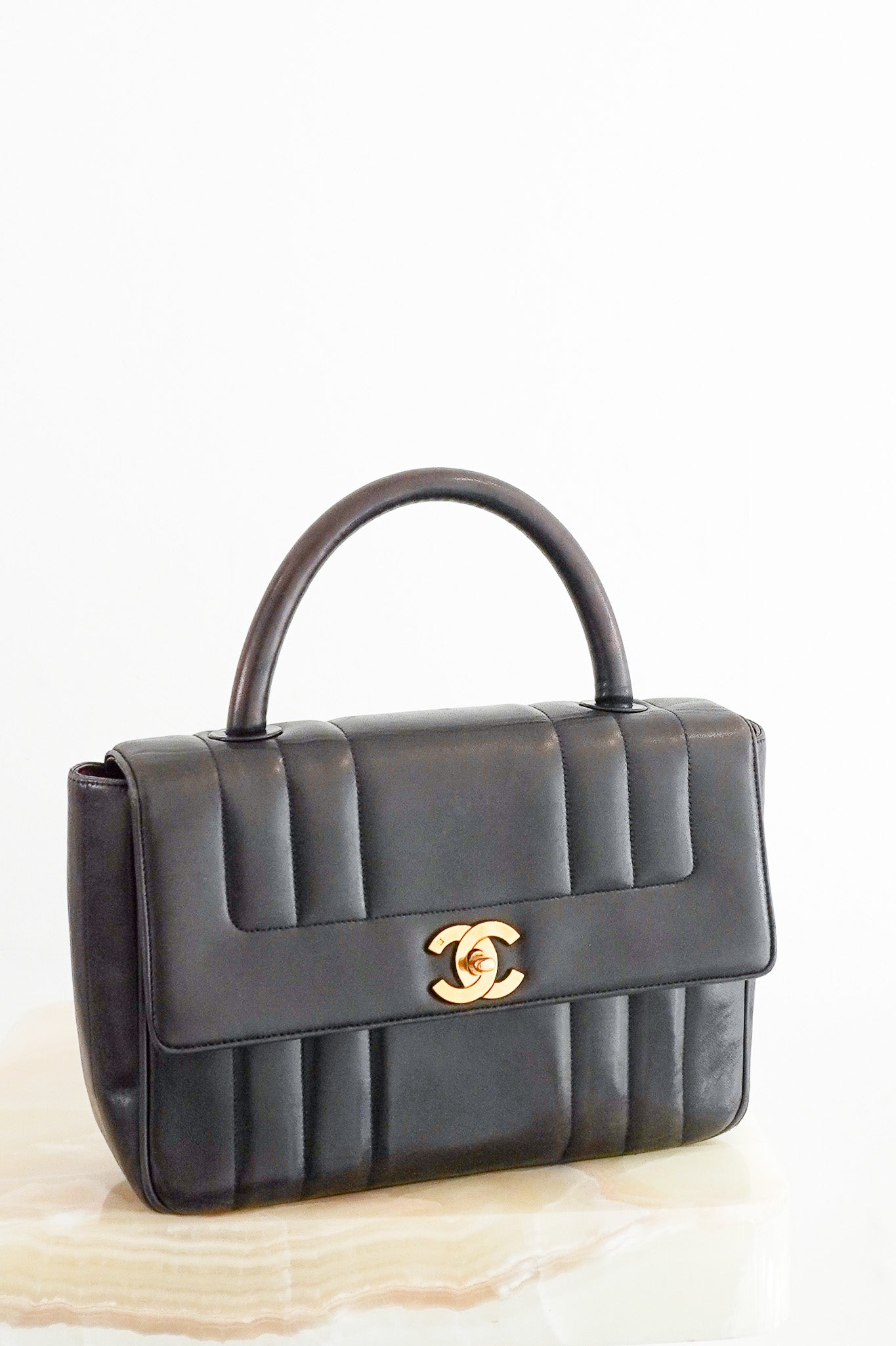 Front Chanel Vintage Mademoiselle Top Handle Bag in Dark Brown Lambskin Leather Chelsea London