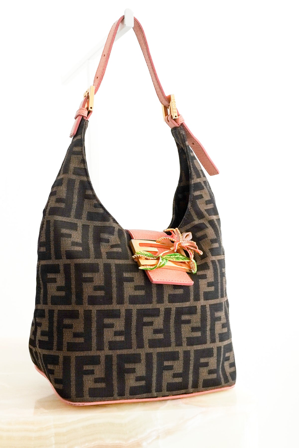 Fendi Round Flap Baguette Zucca Canvas Bag with Crystal Flower Buckle North South RRP (£2,200) | Authentic Preloved - Reloved Again