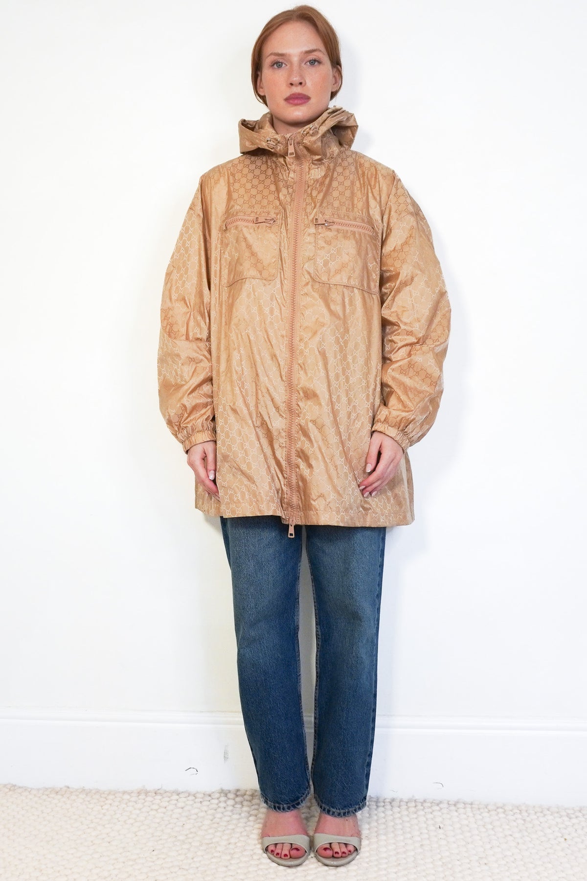 Front: Gucci Beige GG Monogram Hooded Anorak Coat