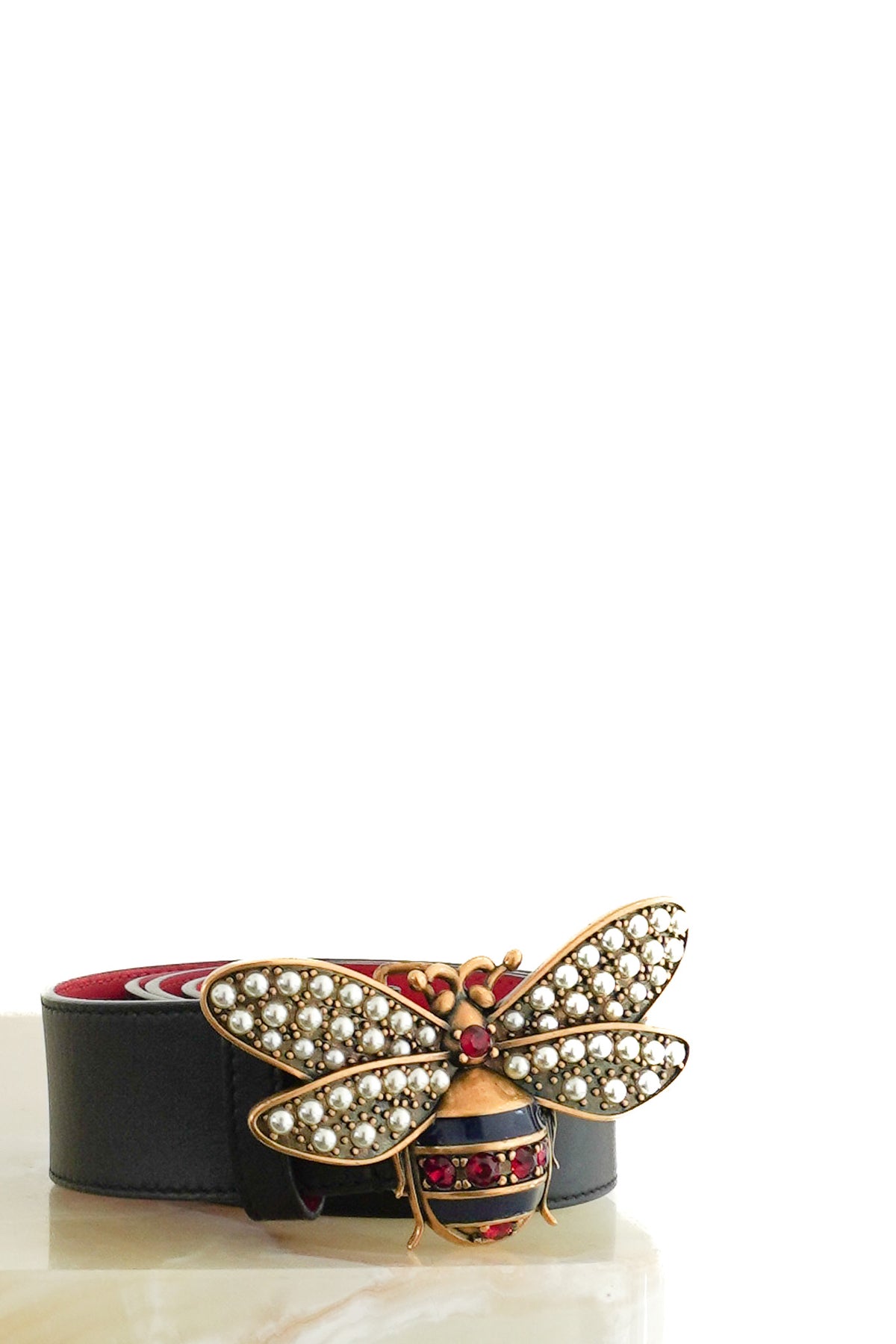 Front: Gucci Crystal Embellished Bee Buckle Belt