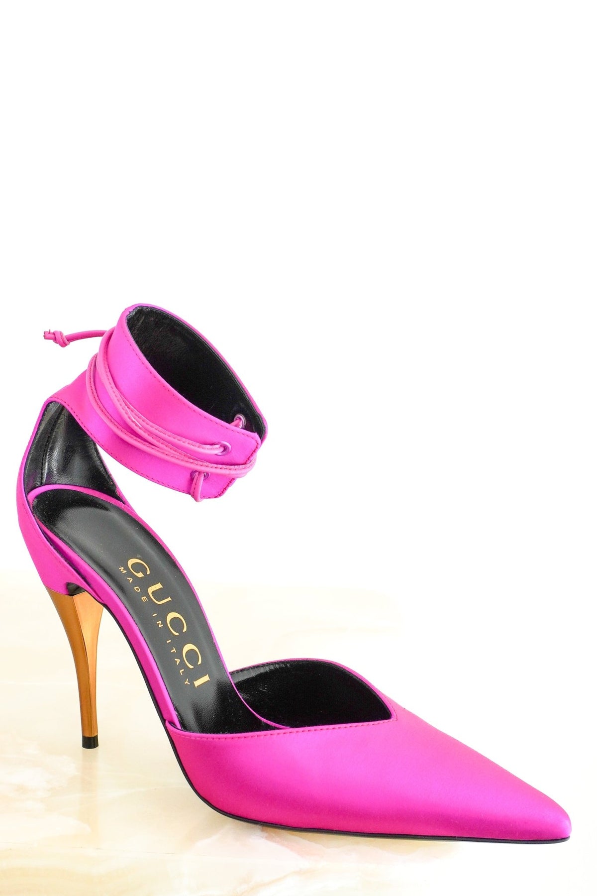 Front: Gucci Pink Satin Lace-Up Ankle Strap Pumps