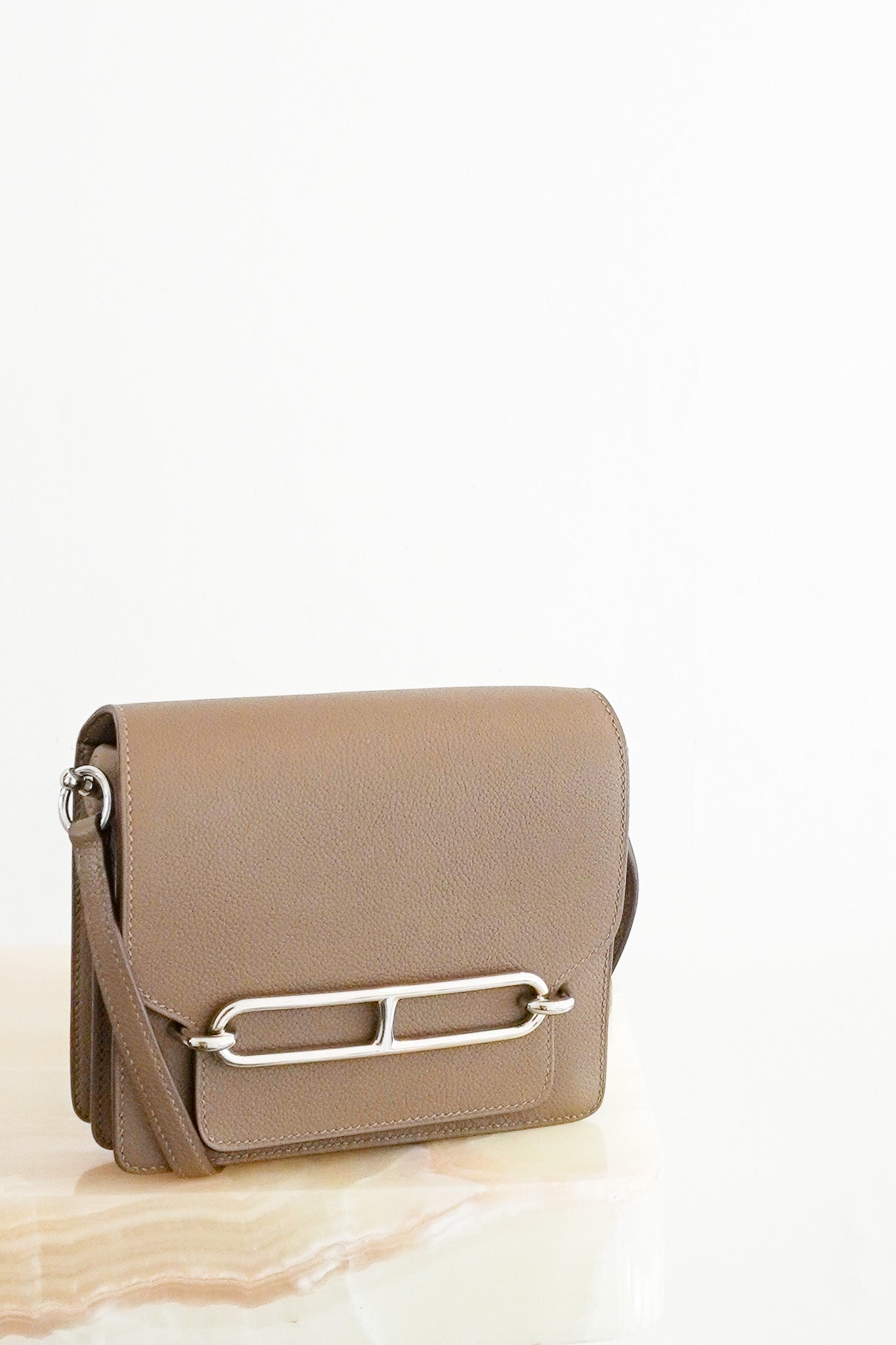 Front Hermès Mini Roulis 18 Bag in Etoupe with Palladium Hardware Chelsea London