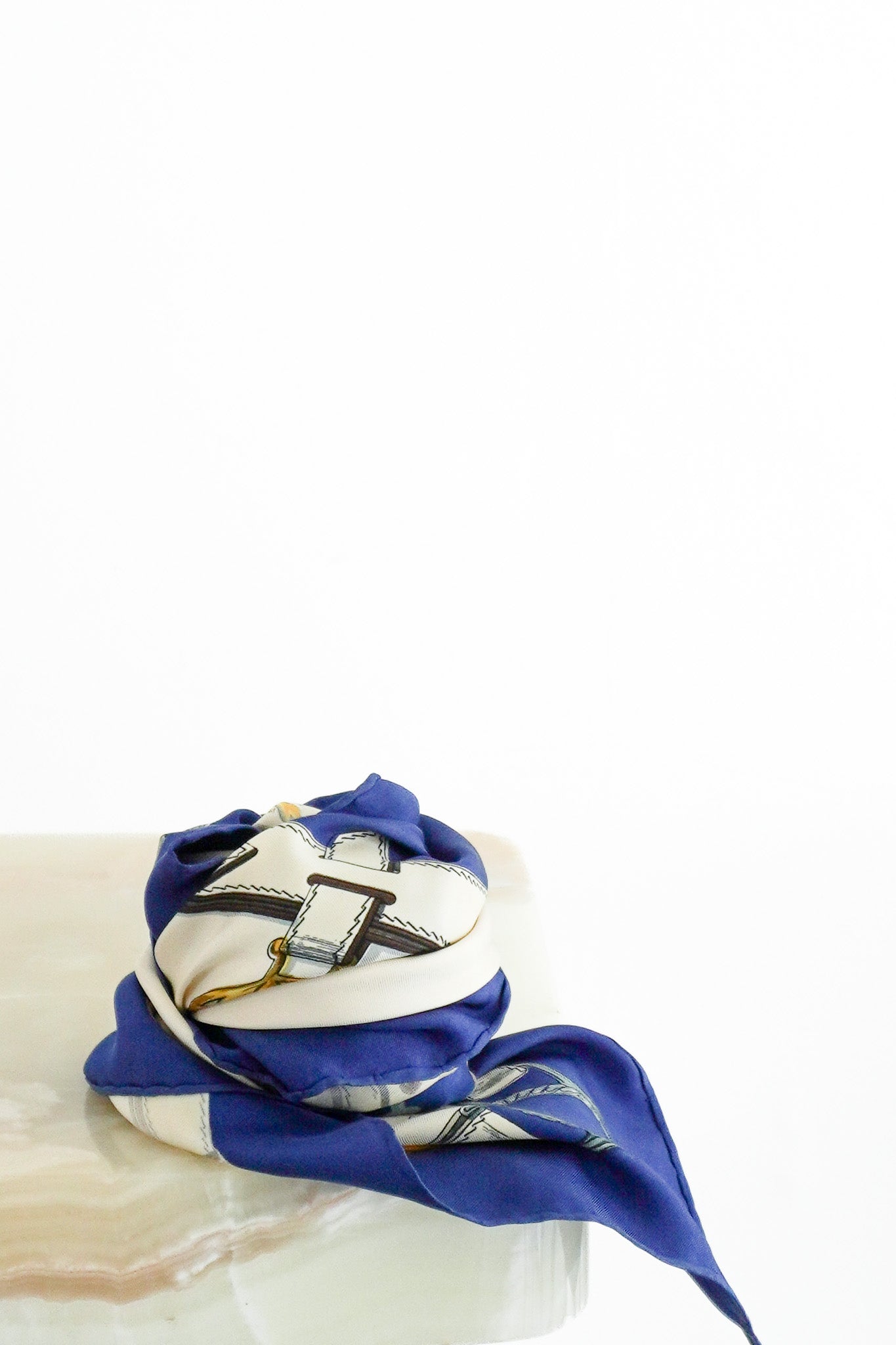 Front Hermès Vintage “Cuivreries” Blue Silk Twill Scarf. London