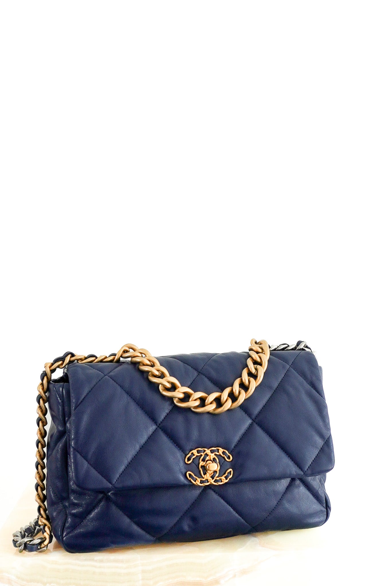 Front image: Chanel 19 Flap Bag Lambskin Leather in Navy Chelsea London