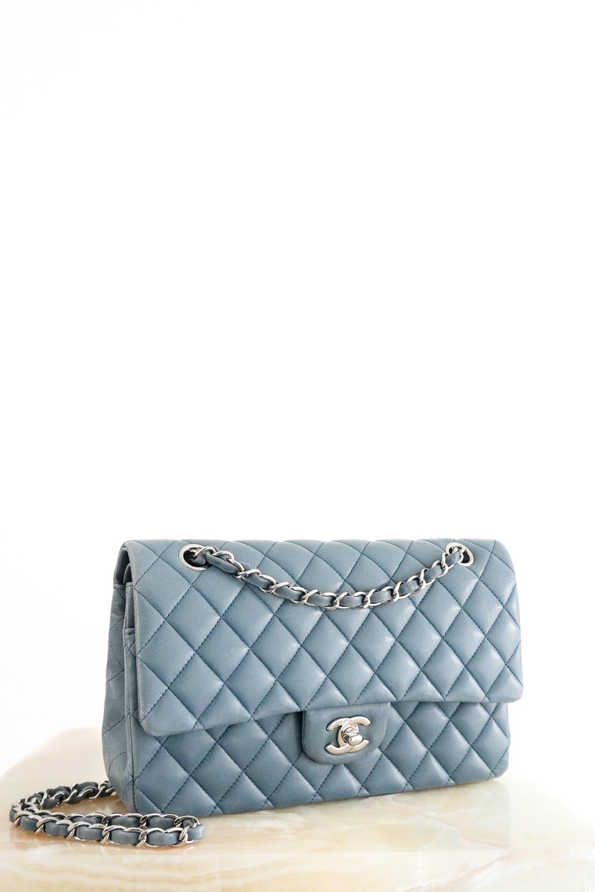 Front Image: Chanel Ash Blue Medium Classic Double Flapbag Chelsea London 