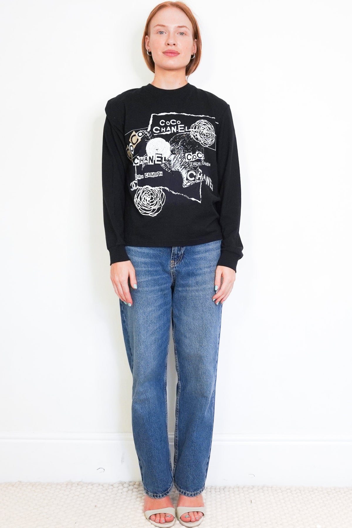Front Image: Chanel Camellia Coco Mark Sequin Graphic Long Sleeve Top Chelsea London