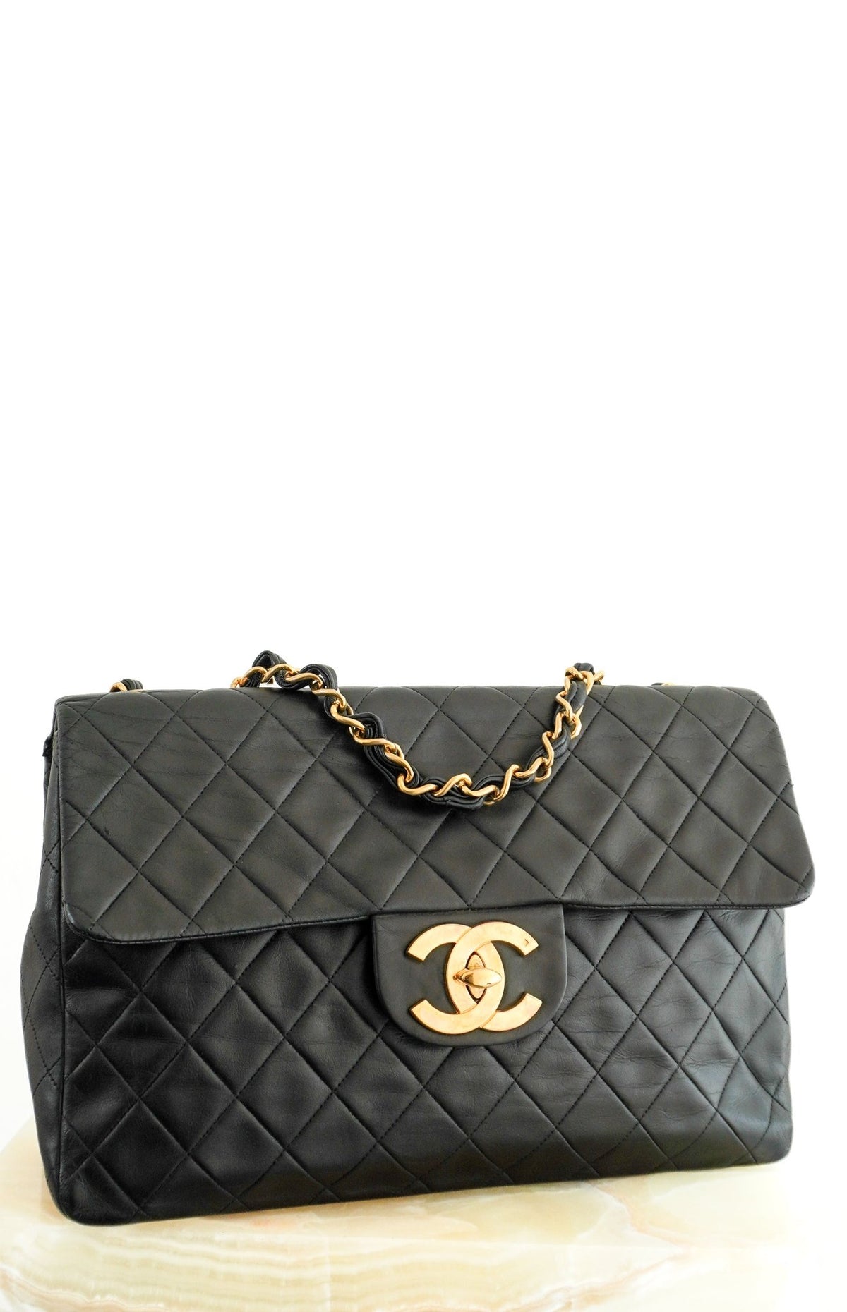 Chanel Vintage XL Black Quilted Lambskin Leather Flap Bag with 24K Gold-Plated Hardware | Authentic Preloved - Reloved Again