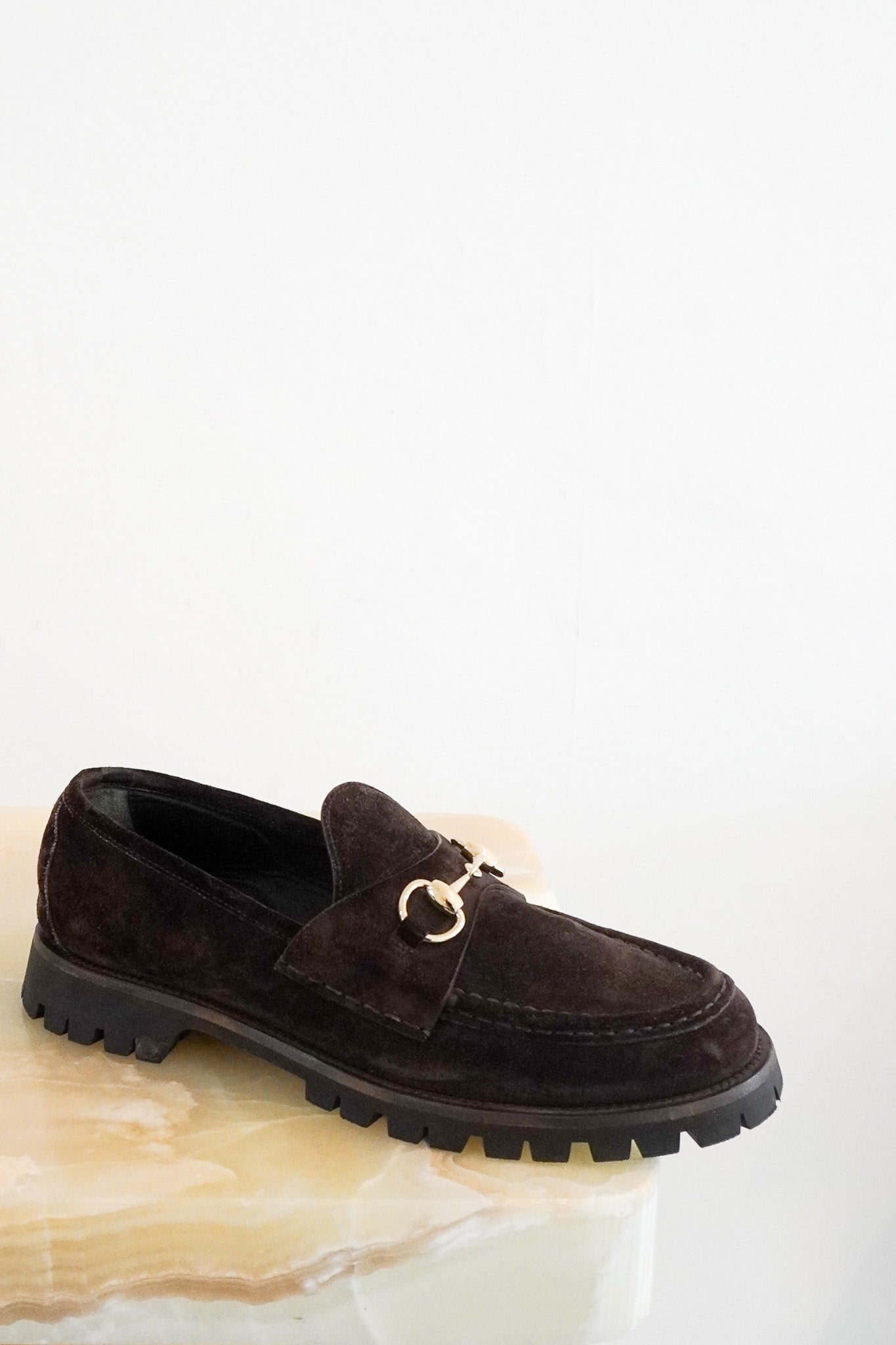 Front Image: GUCCI horsebit Loafers in Brown Suede Chelsea London