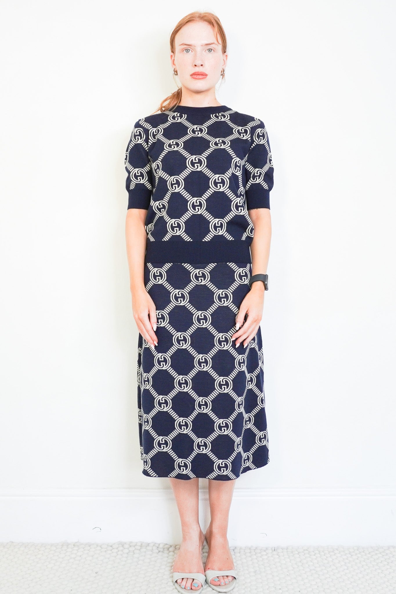Front Image: Gucci GG Knit Skirt and Jumper Set in Navy Chesea London