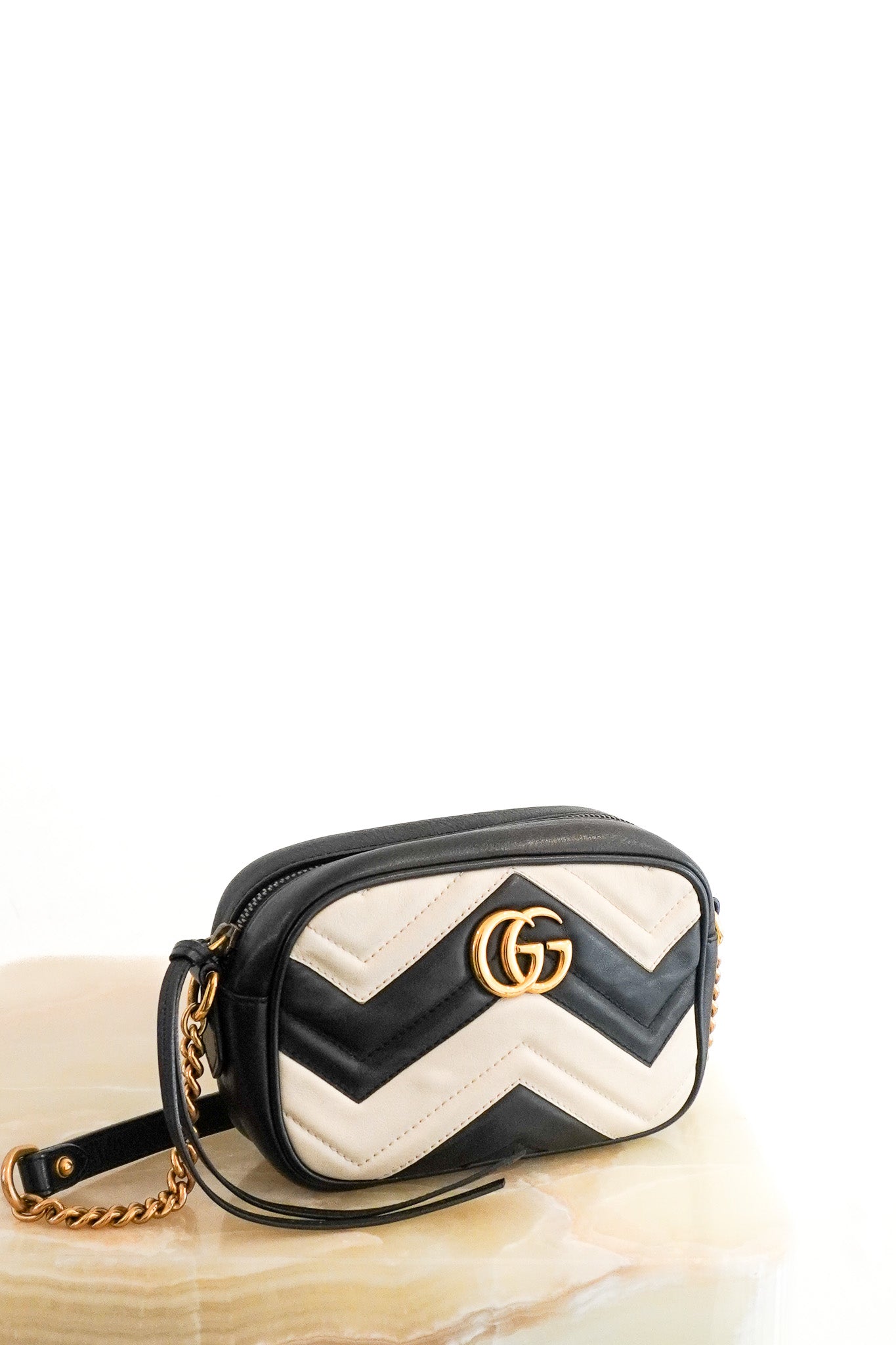 Gucci GG Marmont Small Camera Bag in Black and White Chevron Chelsea London 