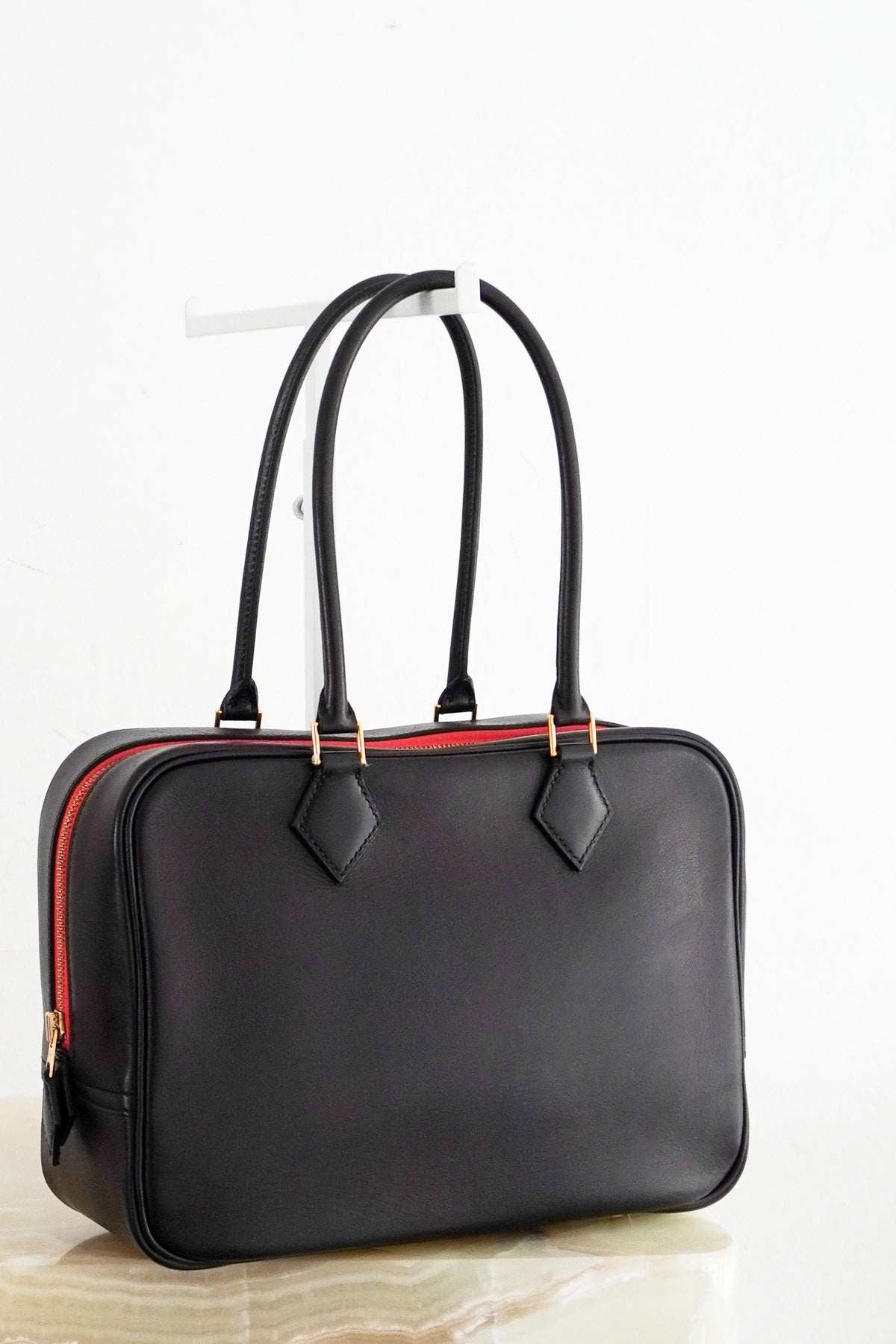 Front Image: Hermes Plume 28 Bag in Calfskin Black Leather Yellow Gold Plate Chelsea London