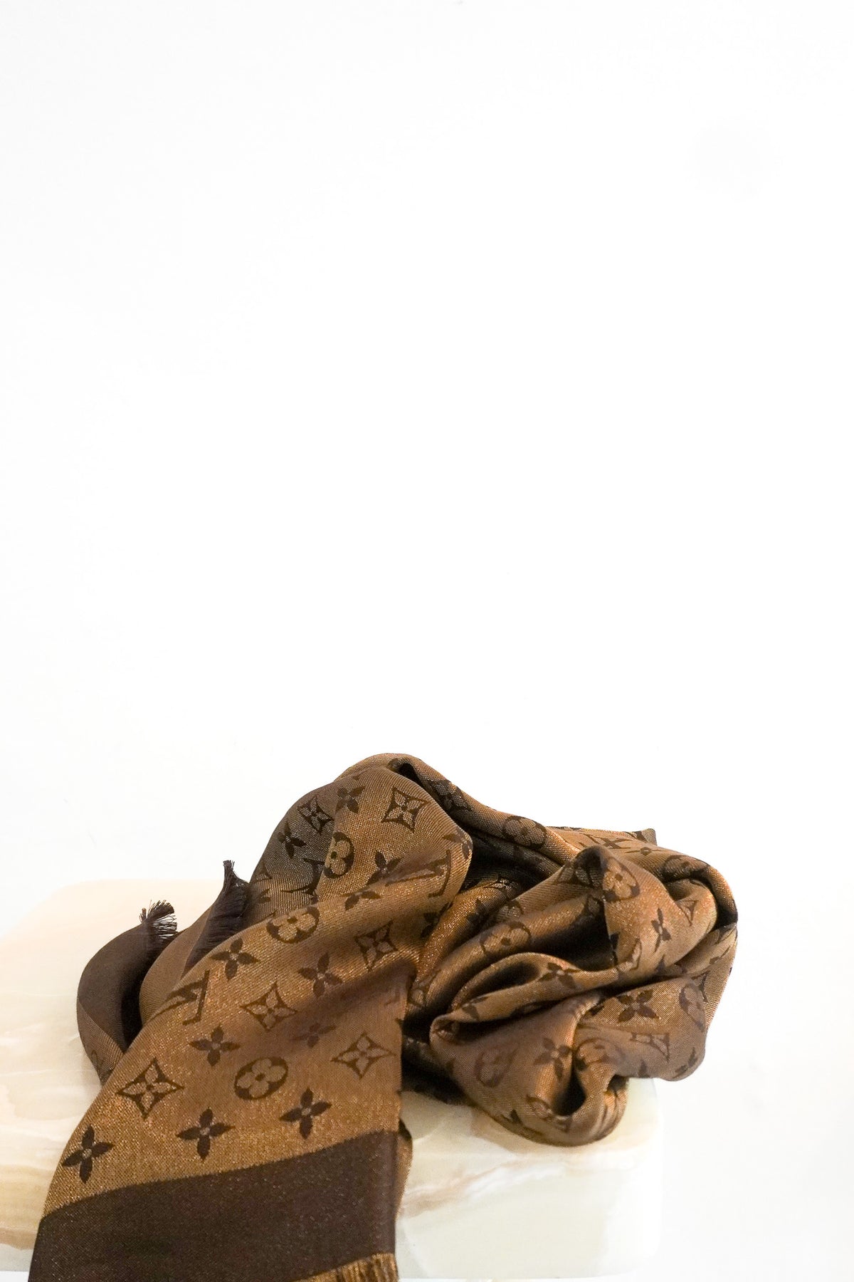 Front Image: Louis Vuitton Monogram Shine Shawl in Brown Chelsea London
