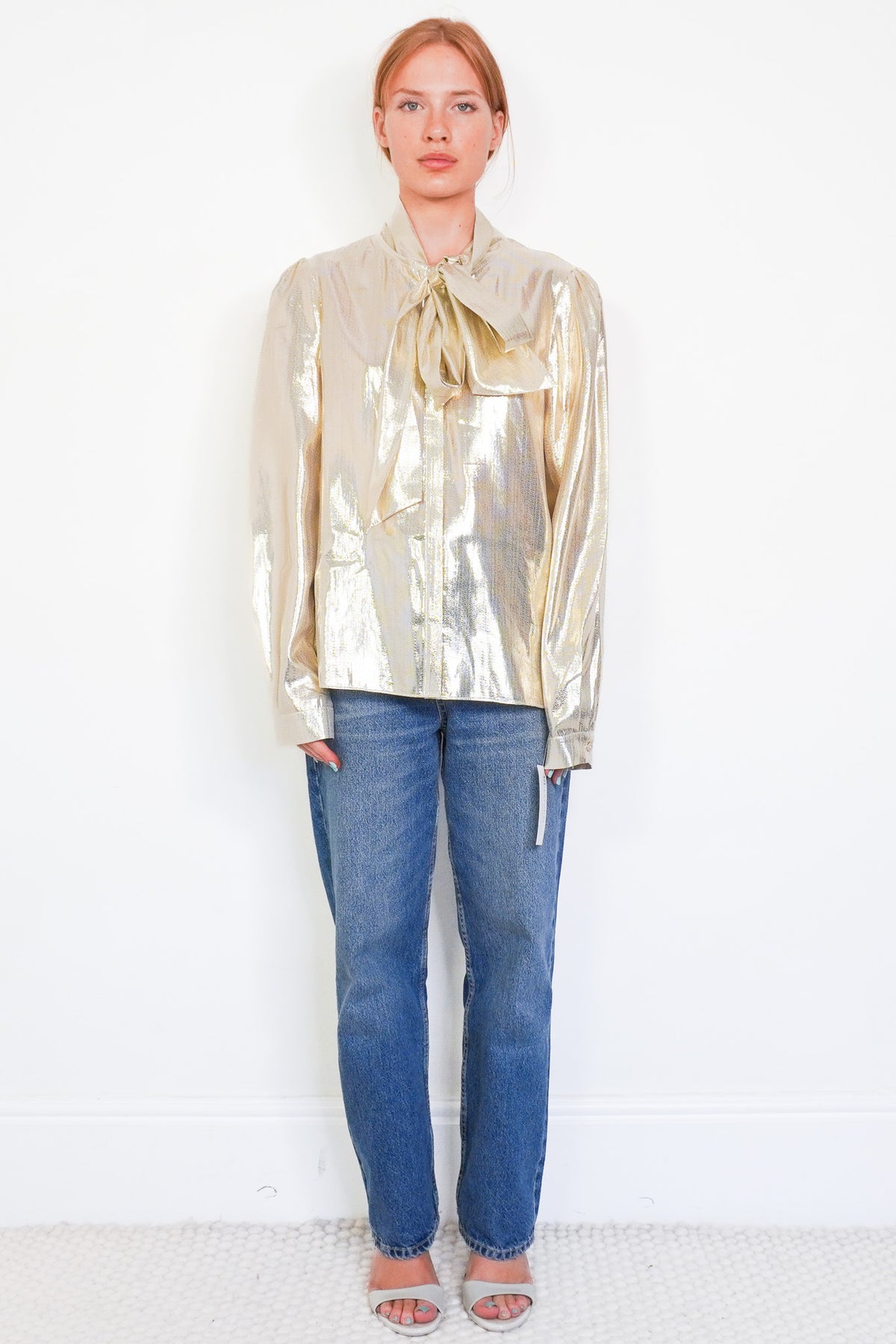 Front Image: NEW Self Portrait Metallic Pussy Bow Blouse 