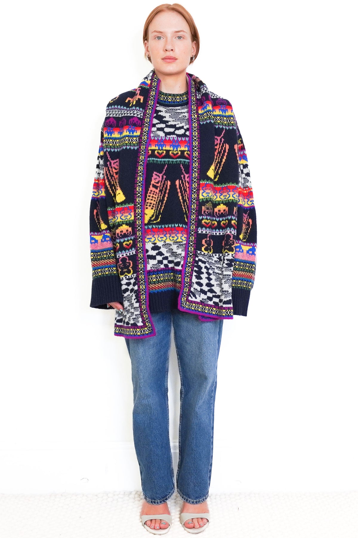 Front Image: Stella McCartney Oversized Multicoloured Wool Patterned Jumper And Scarf Chelsea London 