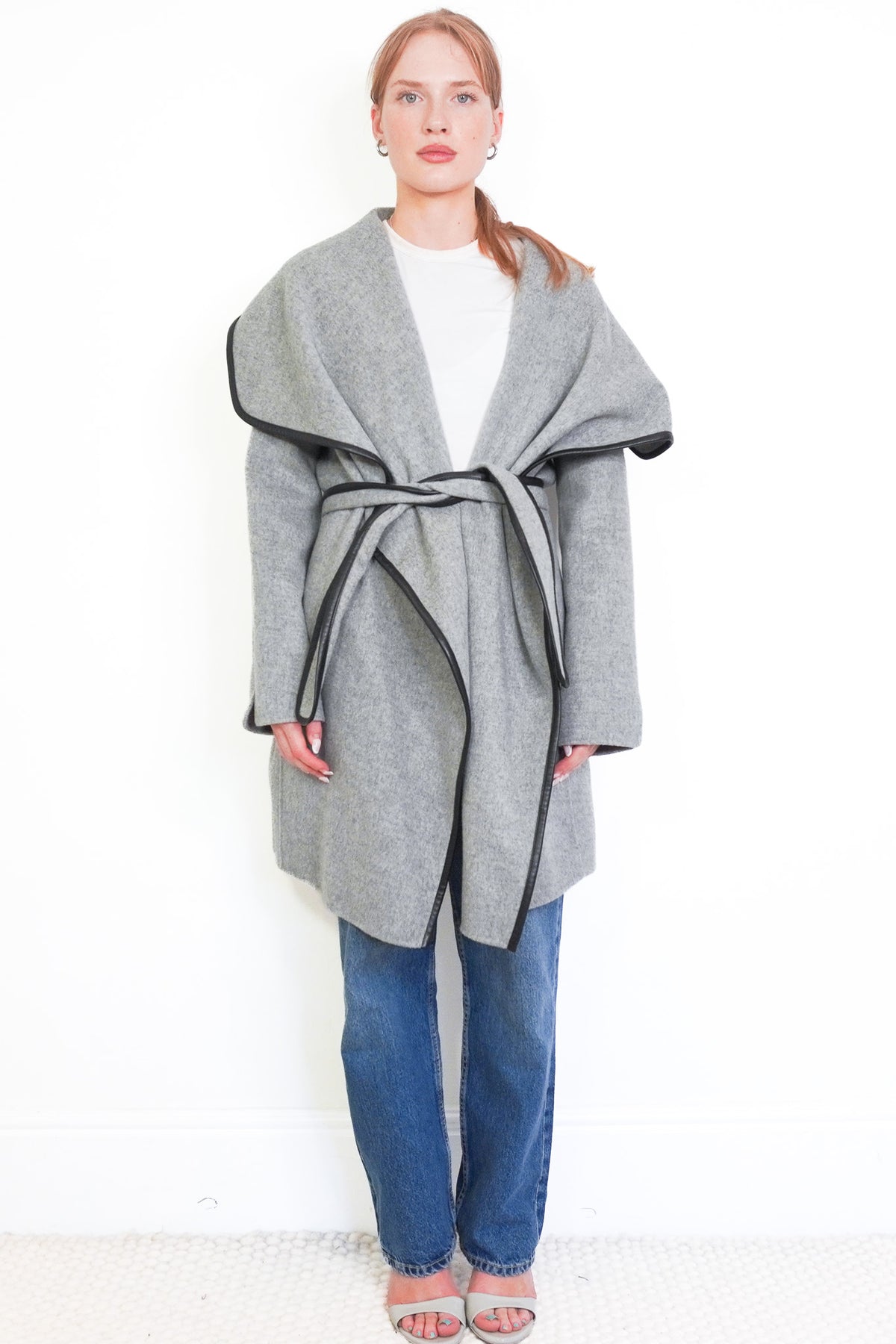 Front Image: Vince Grey Wrap Grey Coat with Leather Trim Chelsea London