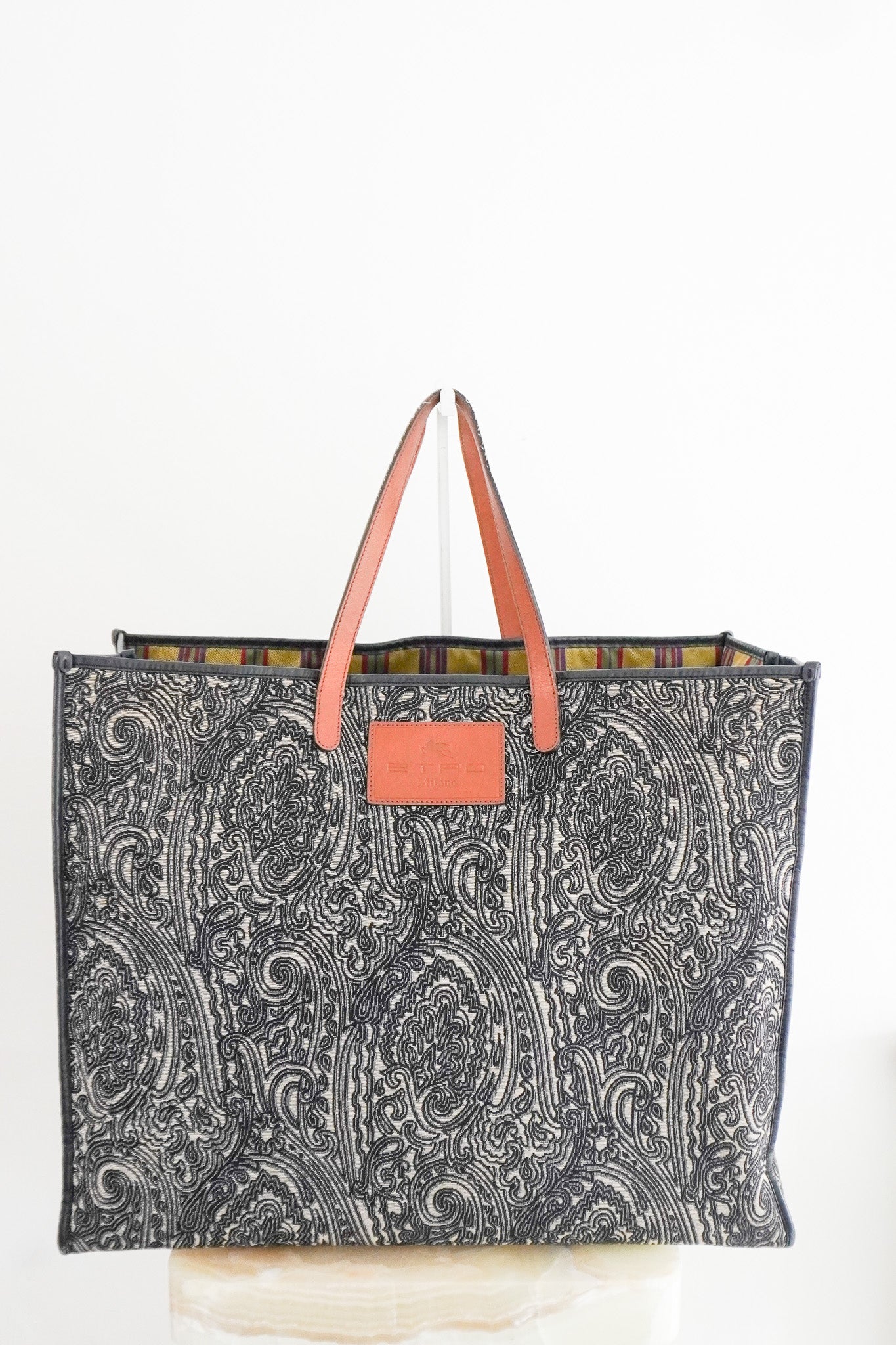 Front Images: Etro Navy Blue Paisley Jacquard and Leather Shopper Tote Chelsea London 