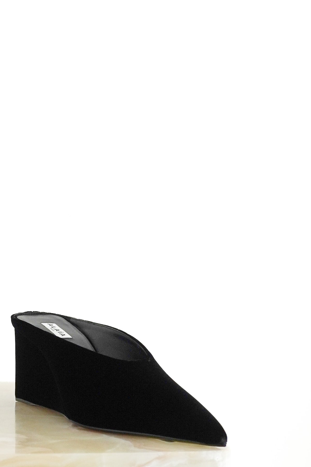 Front: NEW Alaia 75 Black Velvet Wedge Mules