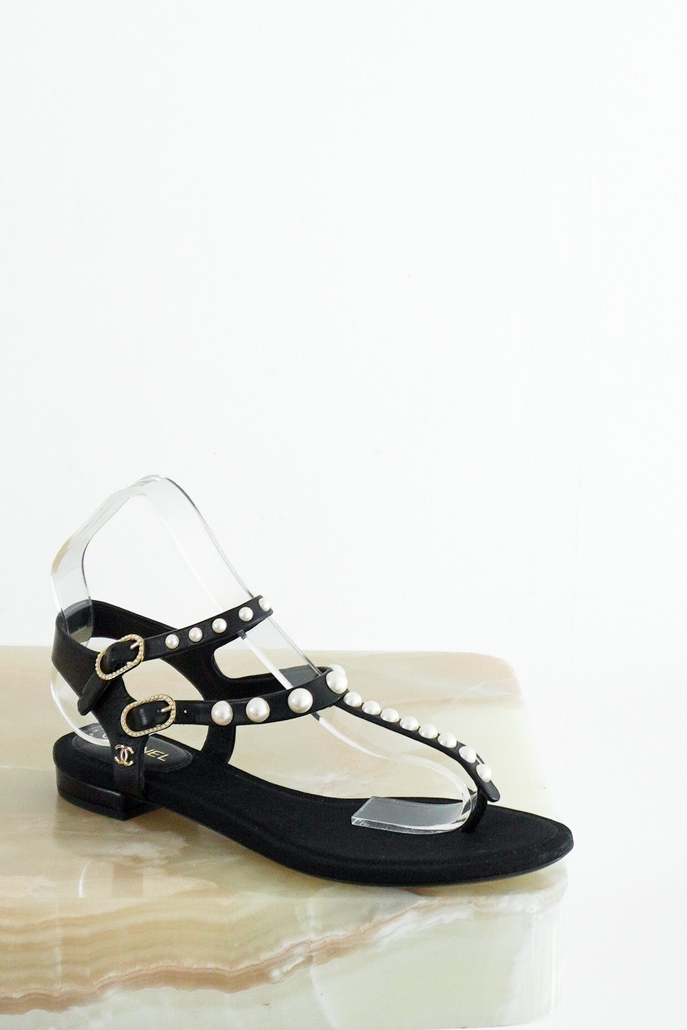 Front NEW Chanel Black Lambskin Leather & Pearl Embellished Sandals London