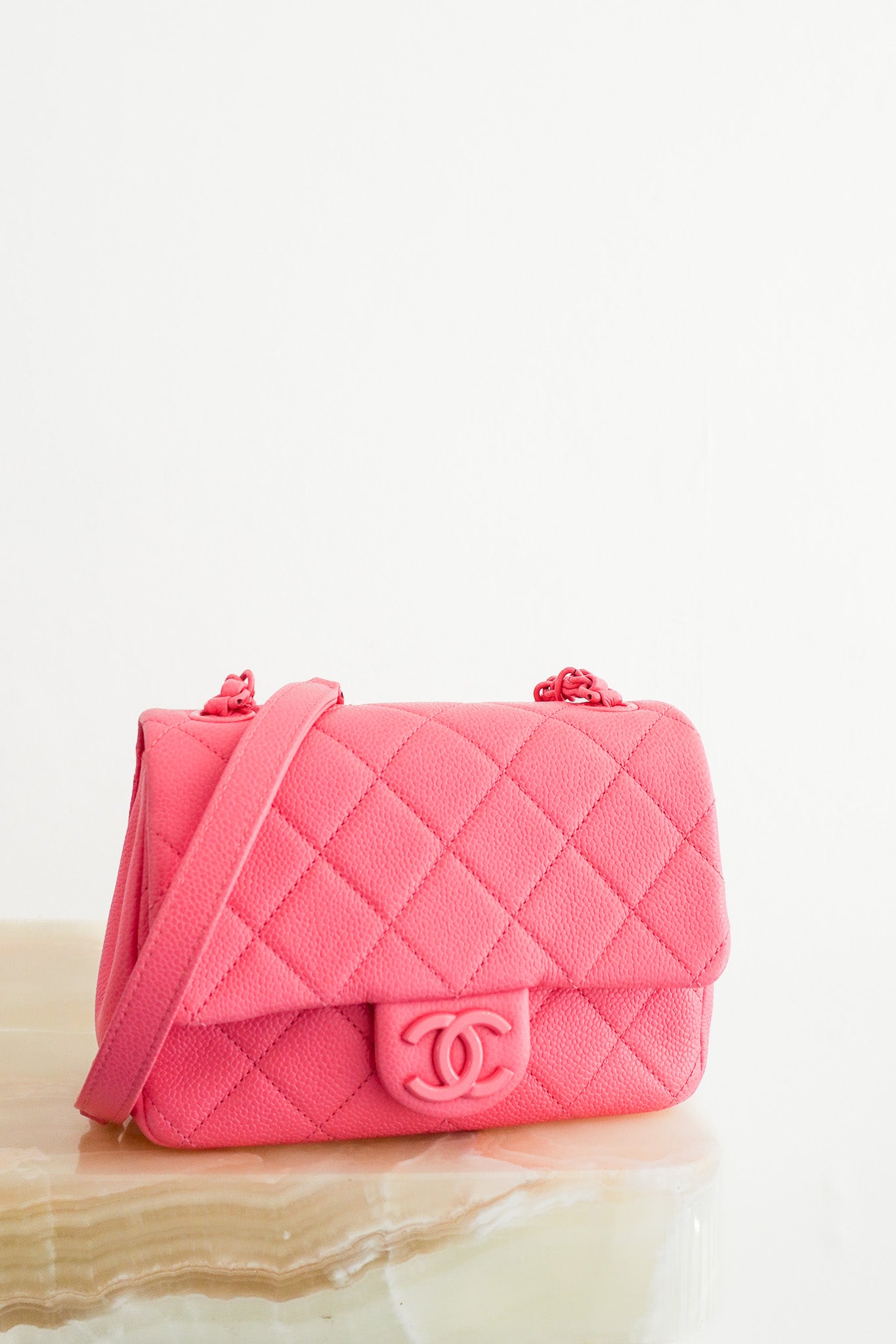 Front Photo of the Chanel Incognito Mini Square Flap Bag in Monochrome Pink Caviar Leather and Hardware, 2019 Chelsea London