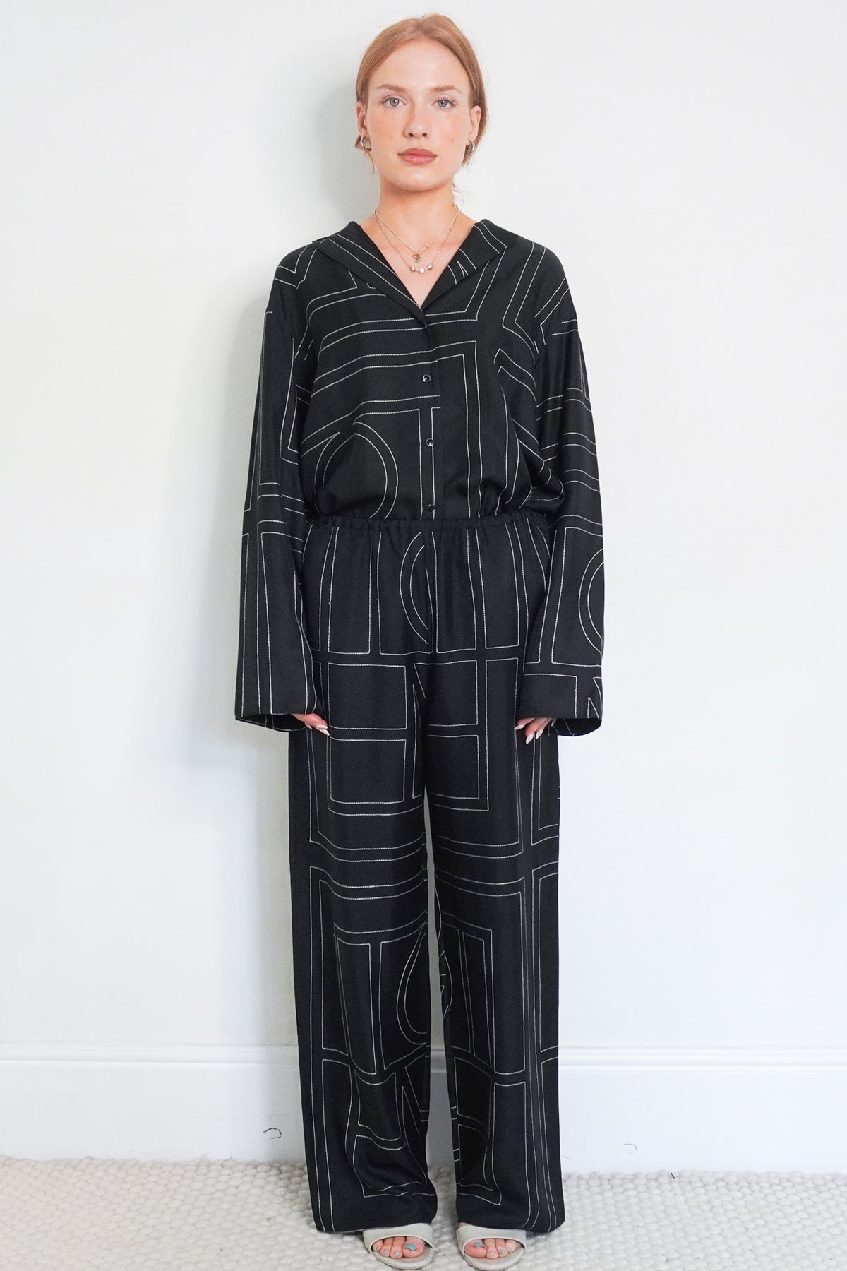 Front Toteme Silk Pyjama Bottoms in Monogramed Black Silk Chelsea London