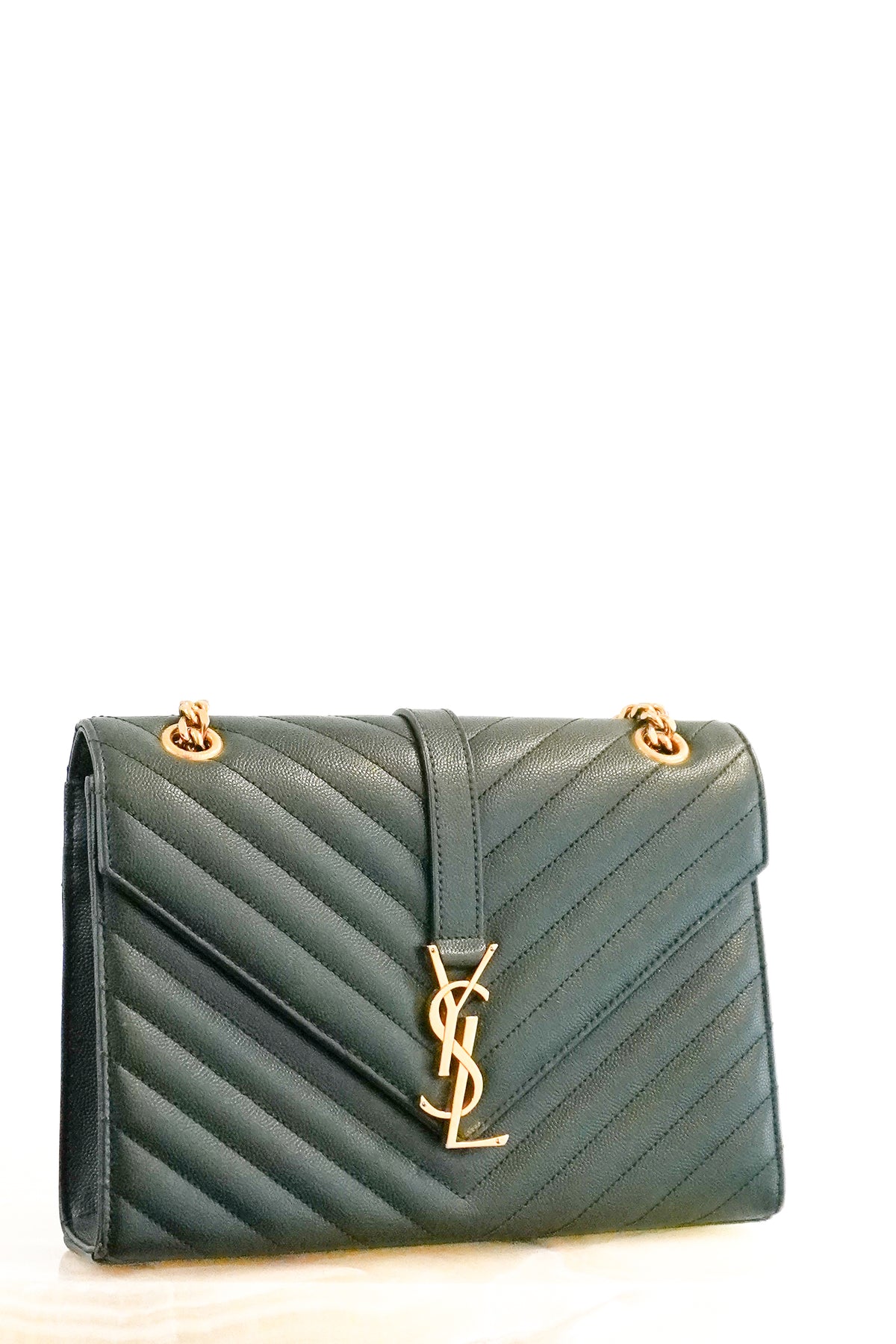 Front: YSL Medium Green Chevron Quilted Leather Envelope Bag