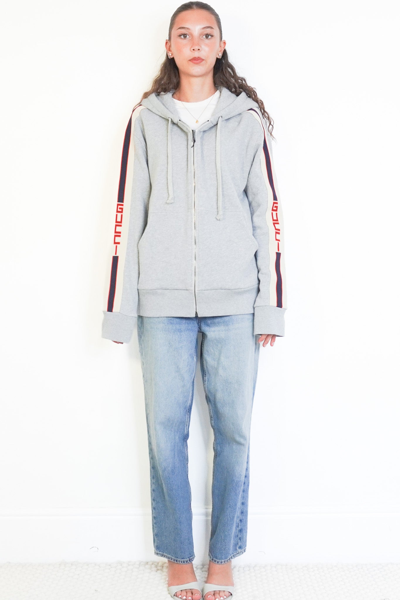 Front image. Gucci Grey Hooded Zip-Up Sweatshirt with Retro Logo Stripe Chelsea london