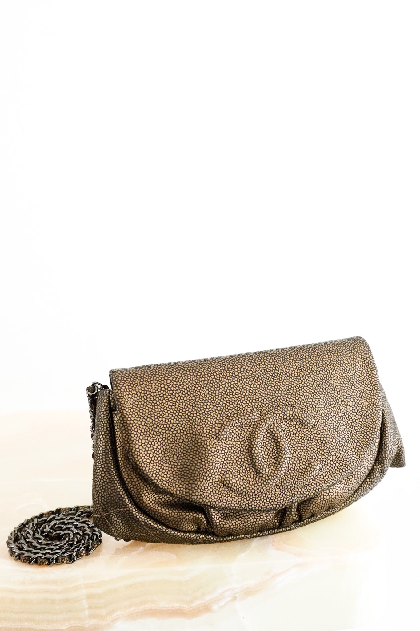 Front image Chanel Gold CC Half Moon Wallet on a Chain Chelsea London