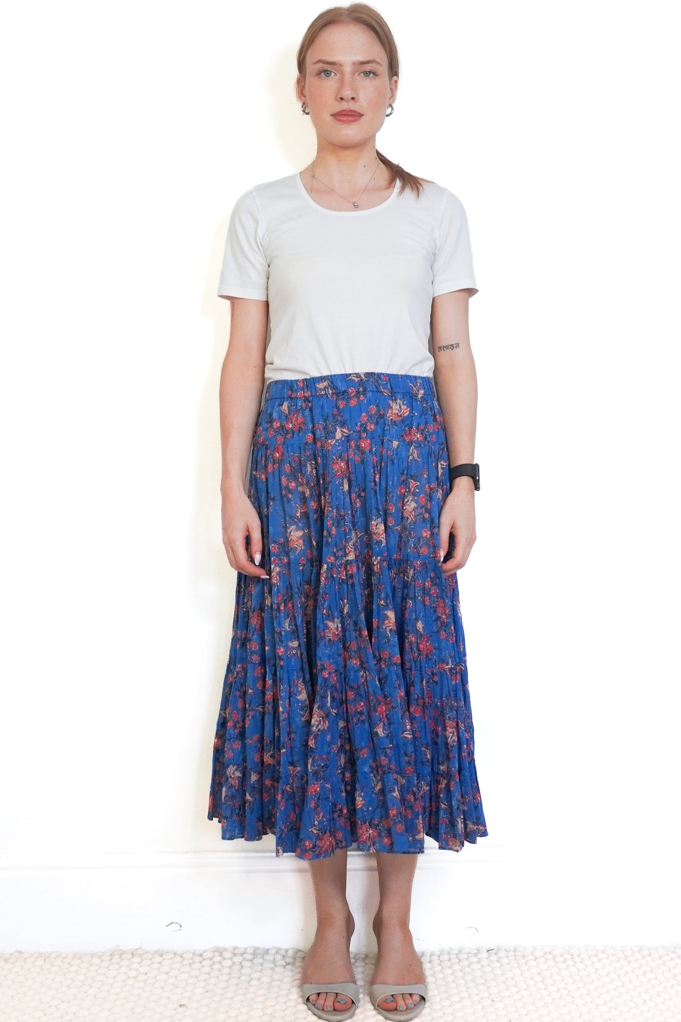 Front image Isabel Marant Blue Floral Tiered Midi Skirt Chelsea London