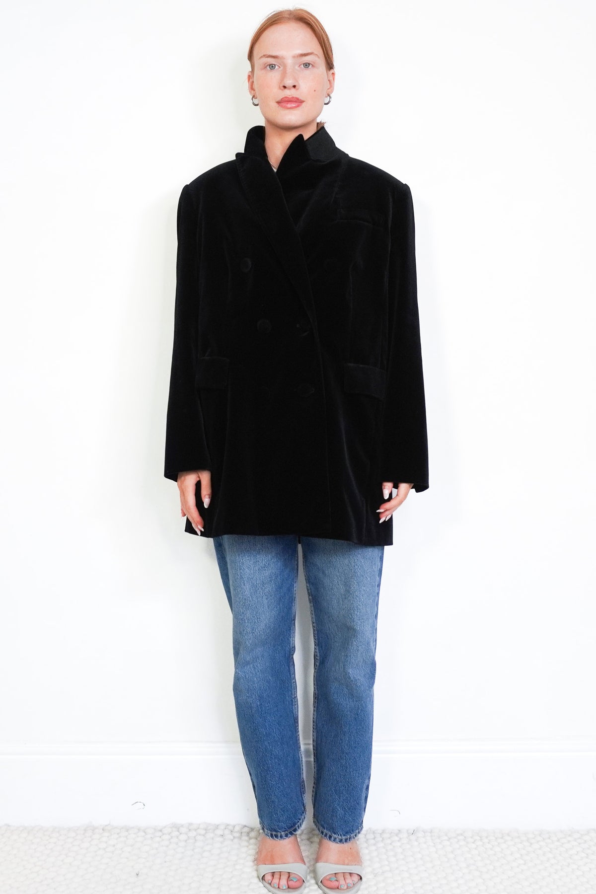 Front image Marina Rinaldi Velvet Double Breasted Longline Jacket Chelsea London
