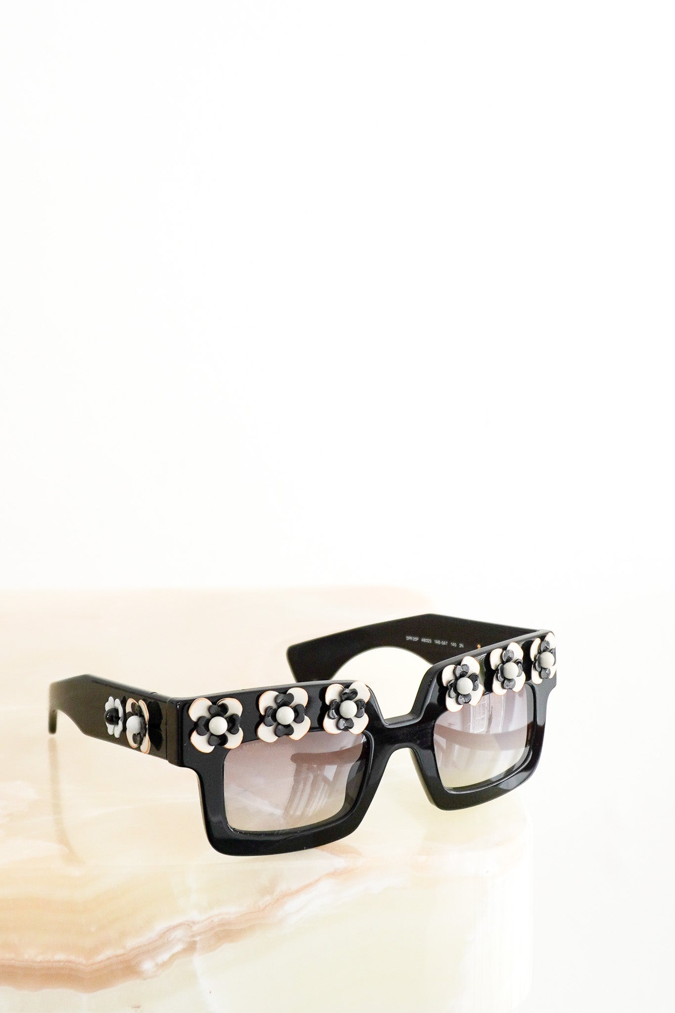 Front image Prada Black Floral Embellished Square Sunglasses Chelsea London