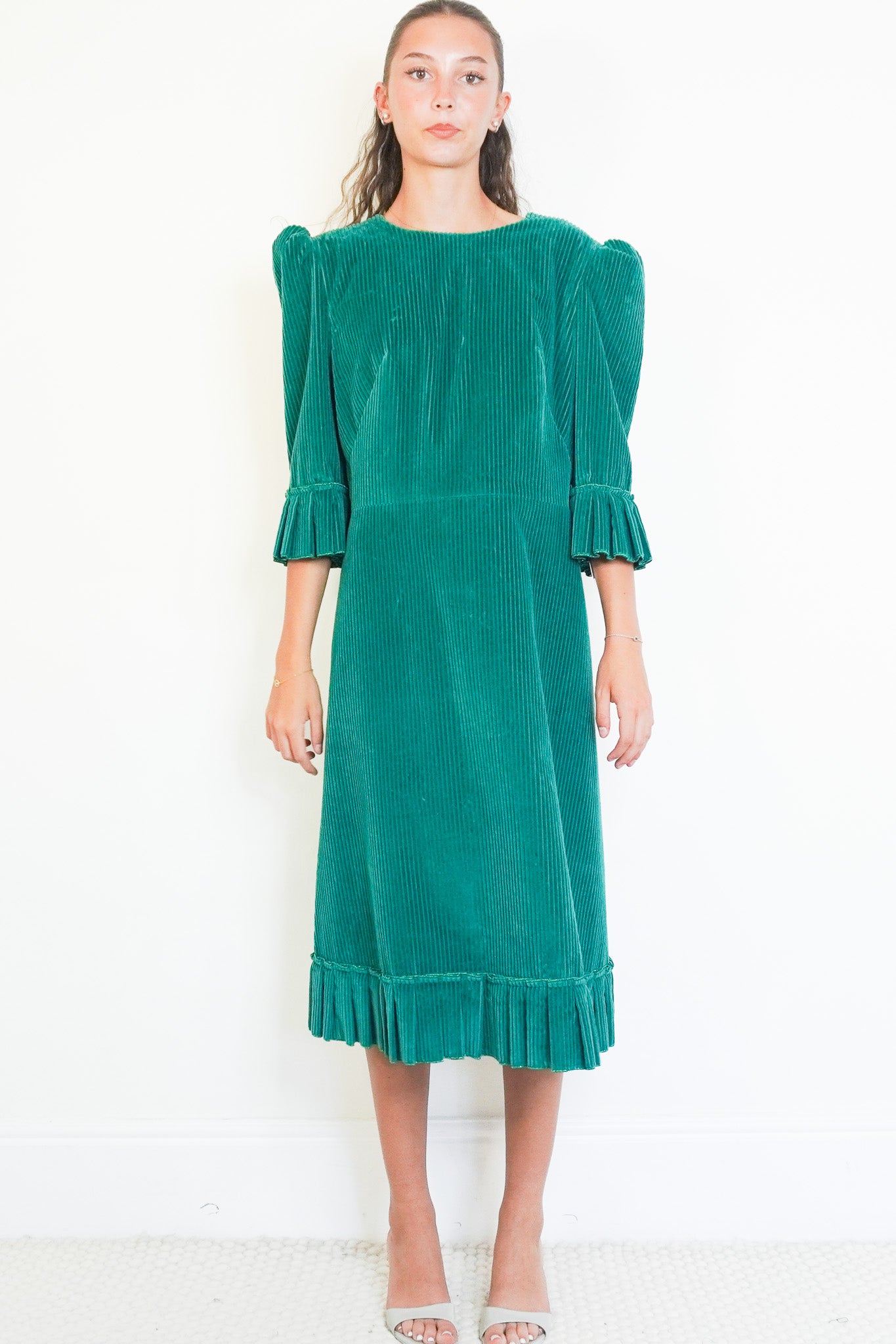 Front image The Vampire’s Wife Jumbo Cord Dress in Emerald Chelsea London