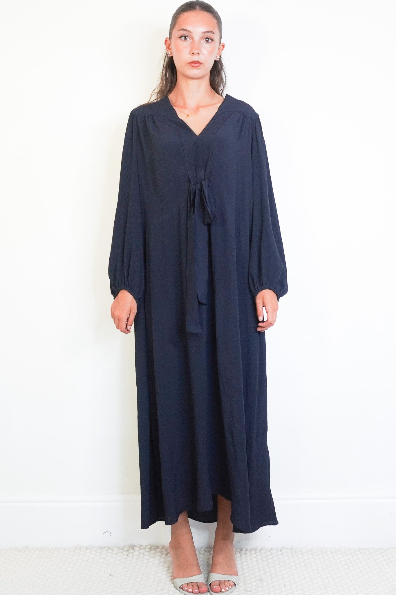 Front image Weekend Max Mara Navy Tie-Neck Maxi Dress Chelsea London