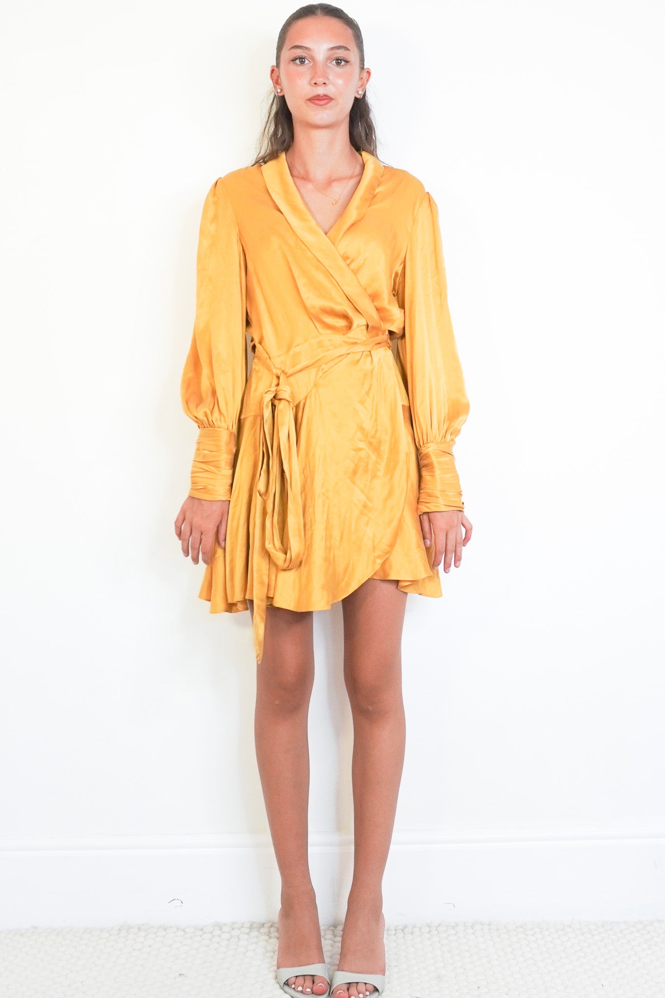 Front image Zimmermann Silk Mustard Wrap Dress Chelsea London
