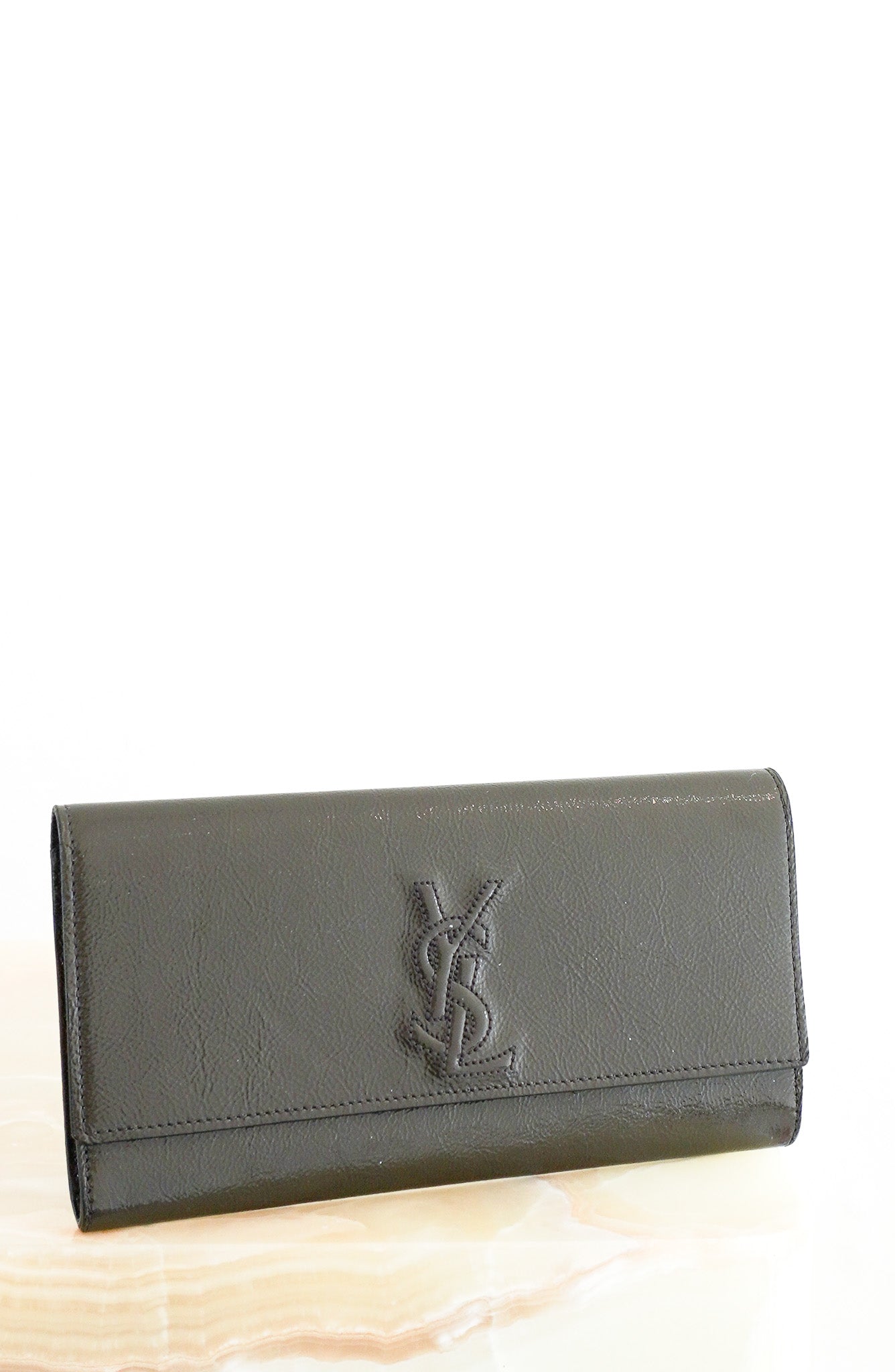 Front image of Saint Laurent Medium Front Flap Pouch in Grey Patent Leather Chelsea London