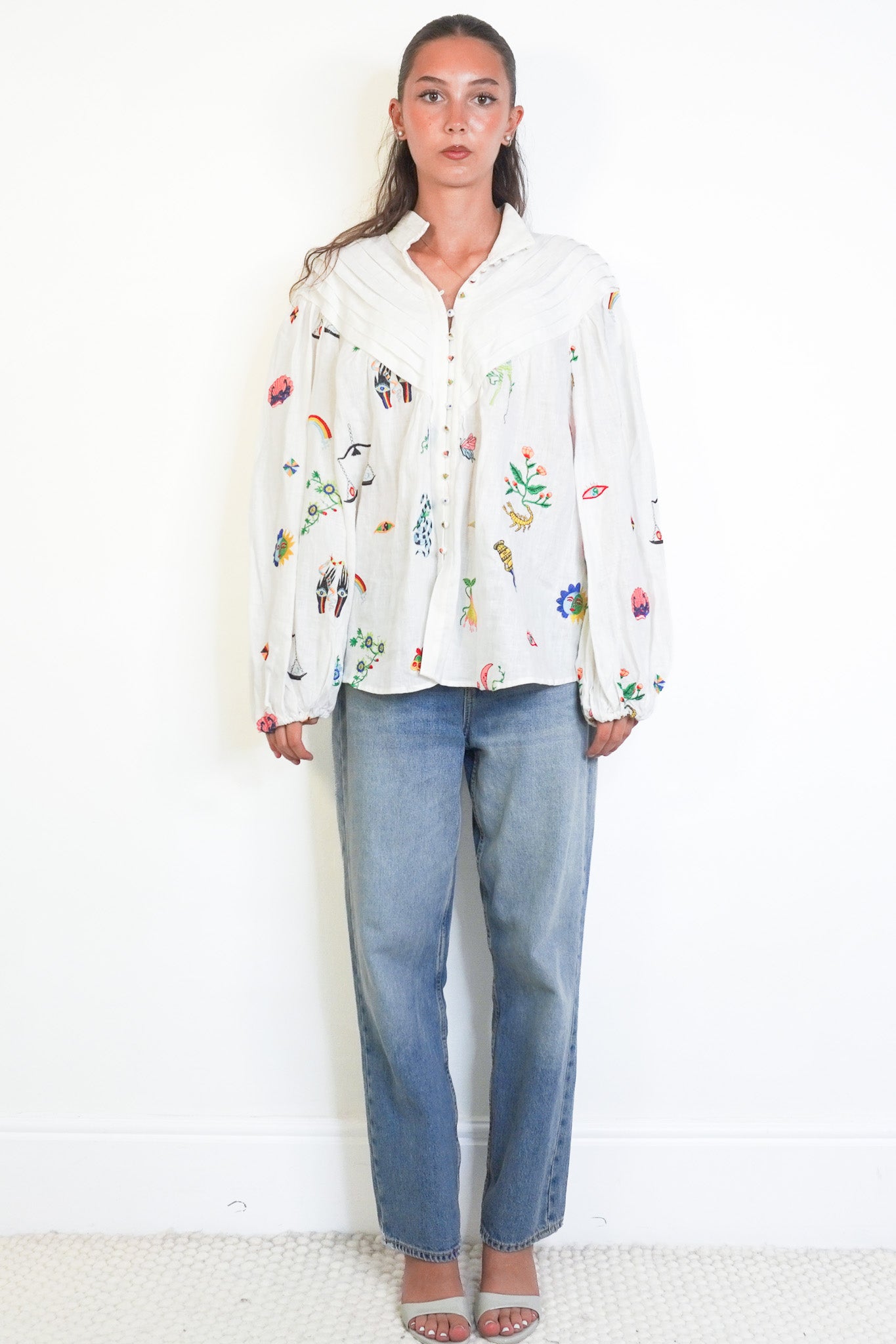 Front image of the Alémais White Linen Embroidered Blouse Chelsea London
