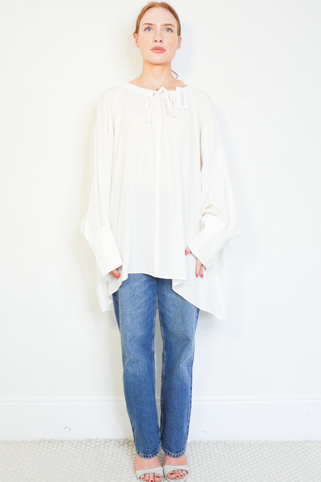 Front image of the Celine White Tie Blouse  Chelsea London