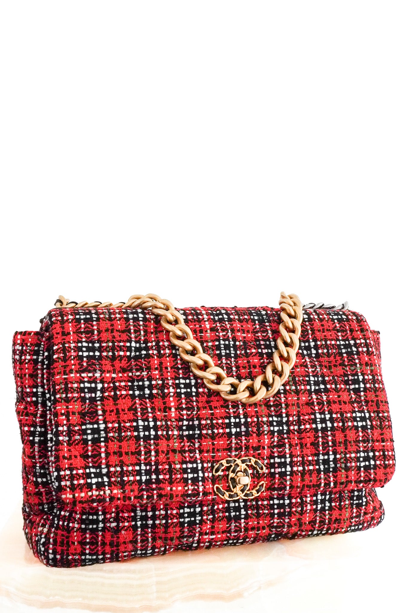 Front image of the Chanel 19 Maxi Flap Bag in Tweed Chelsea London
