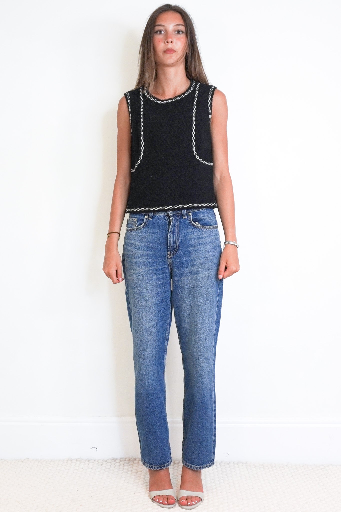 Front image of the Chanel Black Wool Sleeveless Vest with Contrast Chain Trim Chelsea London