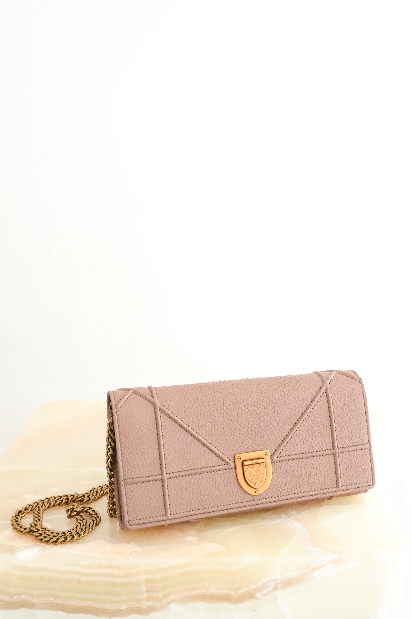 Front image of the Christian Dior Pink Leather Diorama Wallet on a Chain Chelsea London