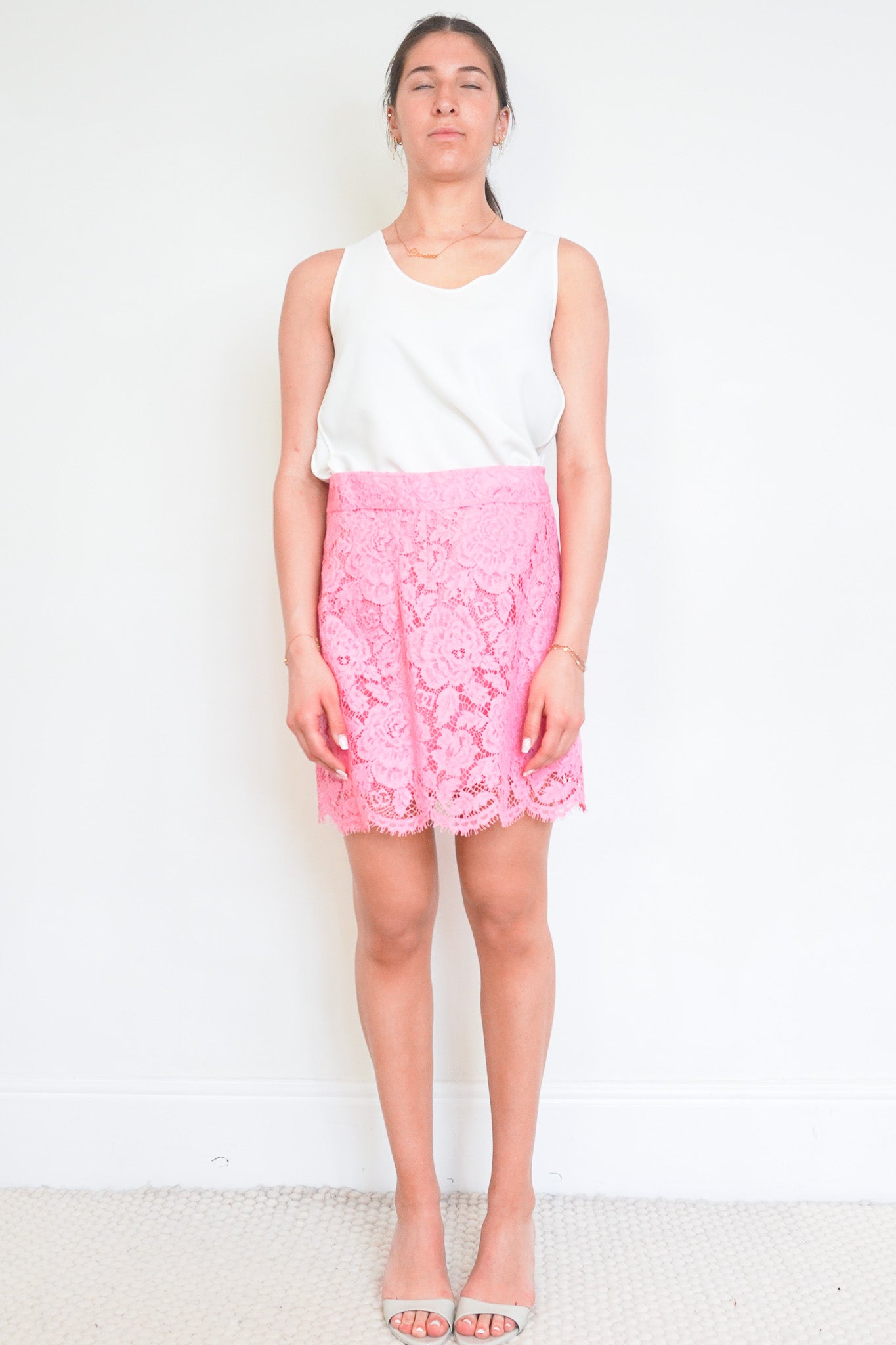 Front image of the Dolce & Gabbana Pink Lace Mini Skirt Chelsea London