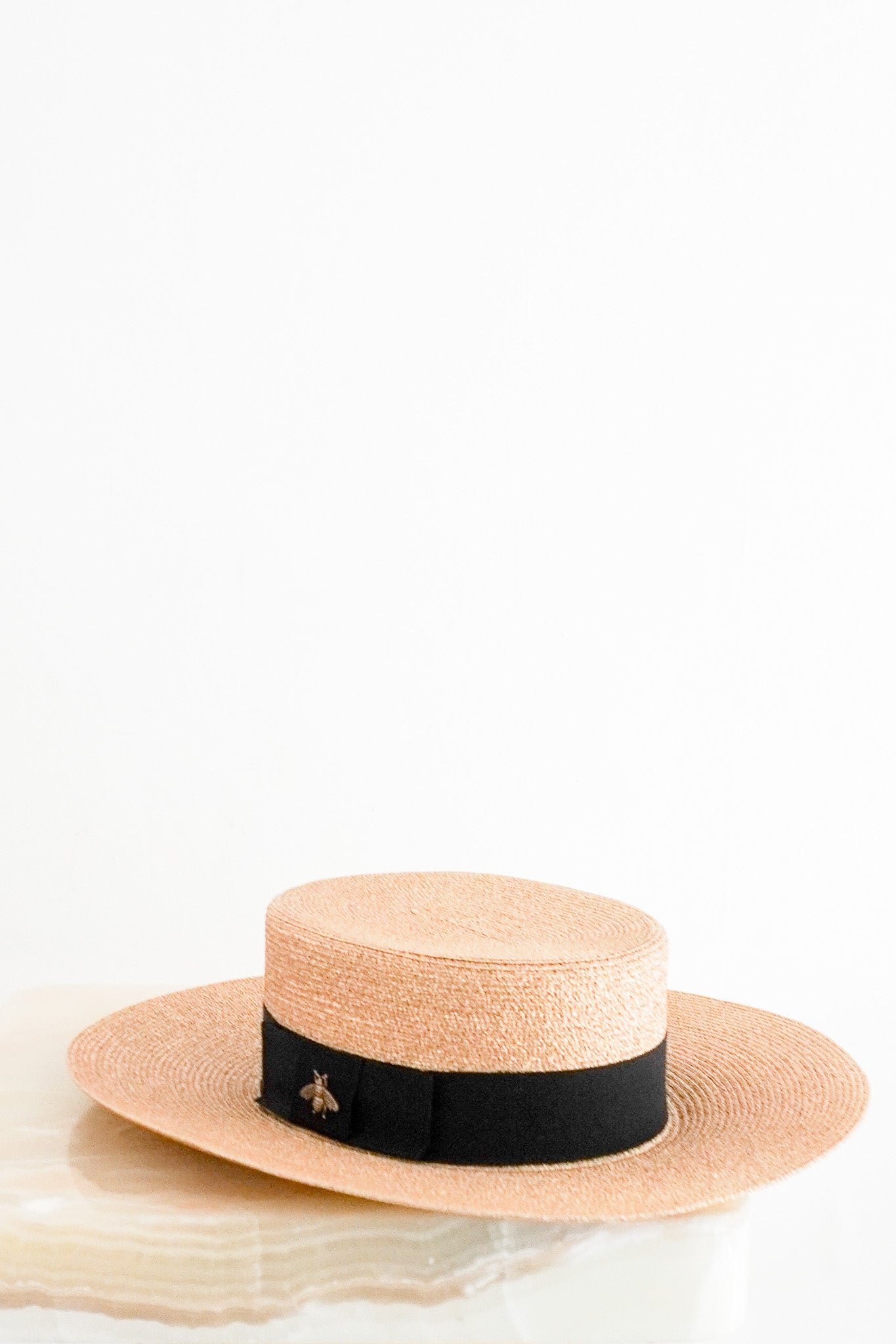 Front image of the Gucci Boater Bee Hat in Gold Chelsea London