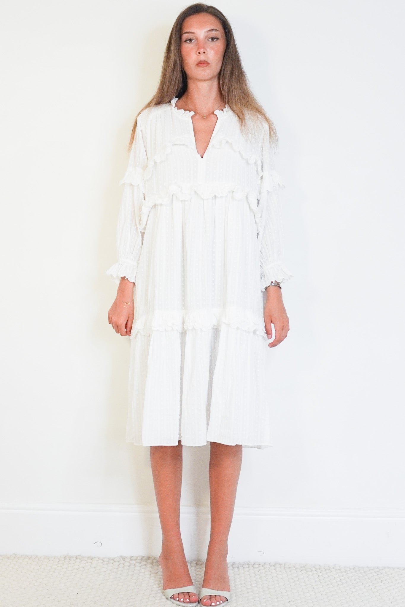 Front image of the Hofmann Copenhagen White Cotton Tiered Dress Chelsea London