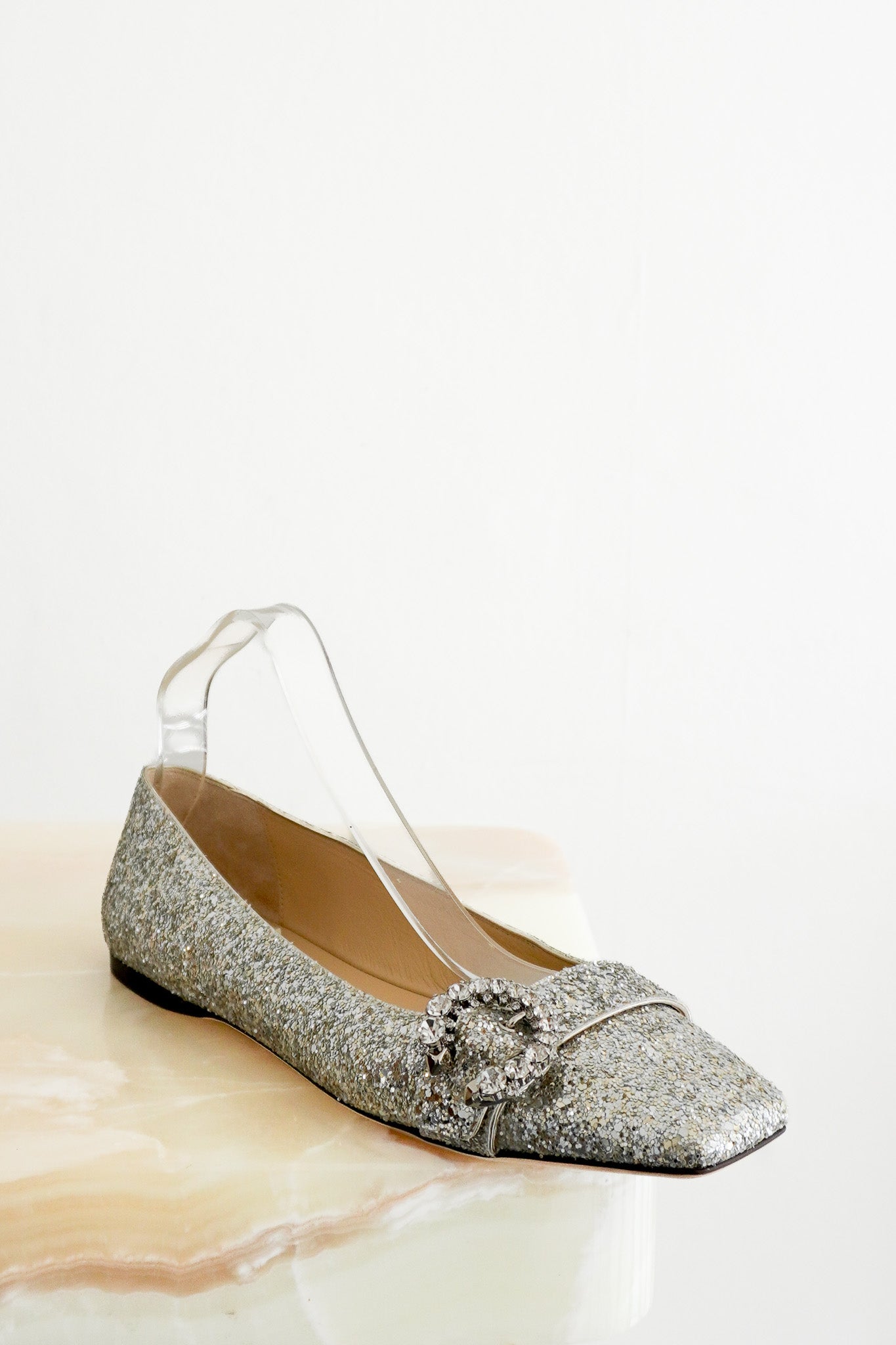 immy Choo Loli Silver Coarse Glitter Ballet Flats RRP £700 | Authentic Preloved - Reloved Again