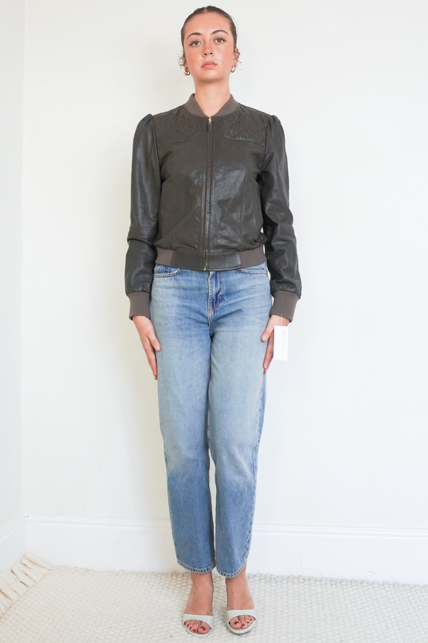 Front image of the ME + EM Brown Leather Bomber Jacket Chelsea London