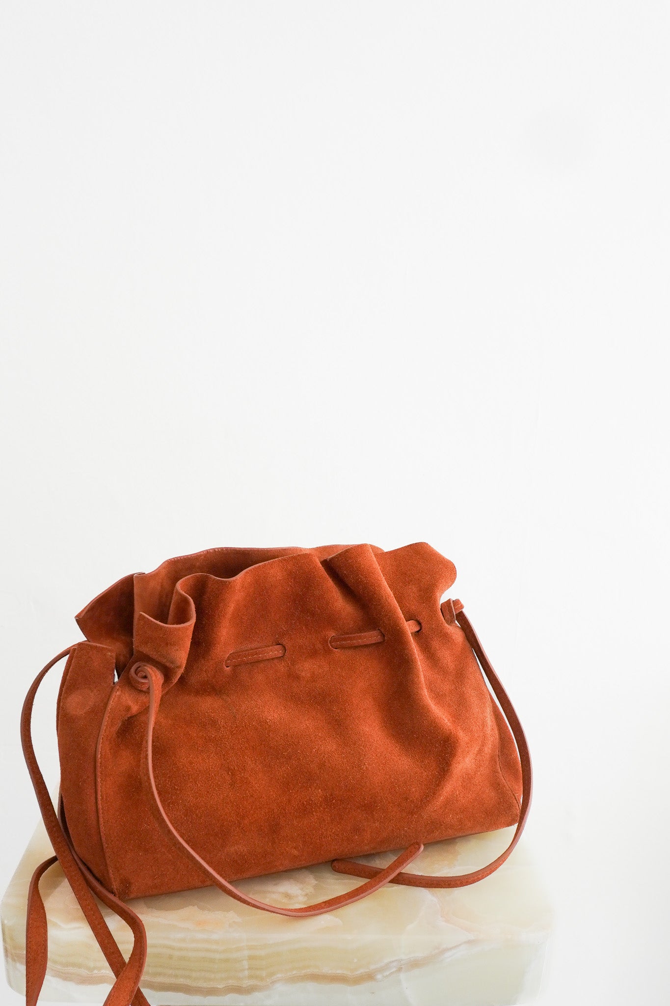 Mansur Gavriel Suede Drawstring Crossbody Bag Rust Leather | Authentic Preloved - Reloved Again