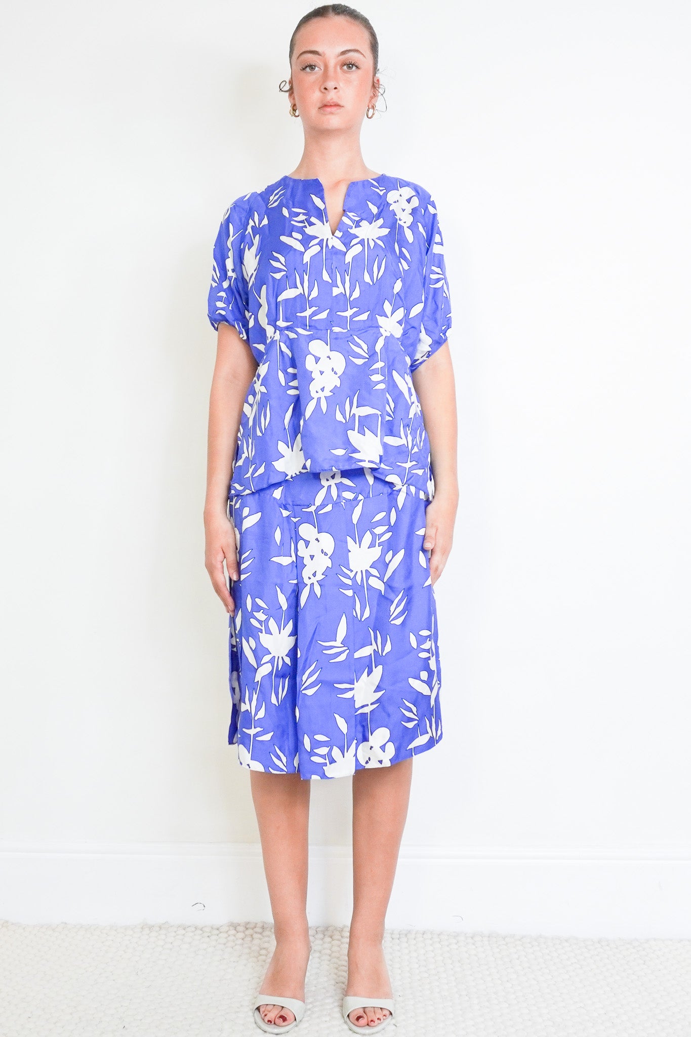 Front image of the Marni Blue Silk Skirt and Top Set Chelsea London