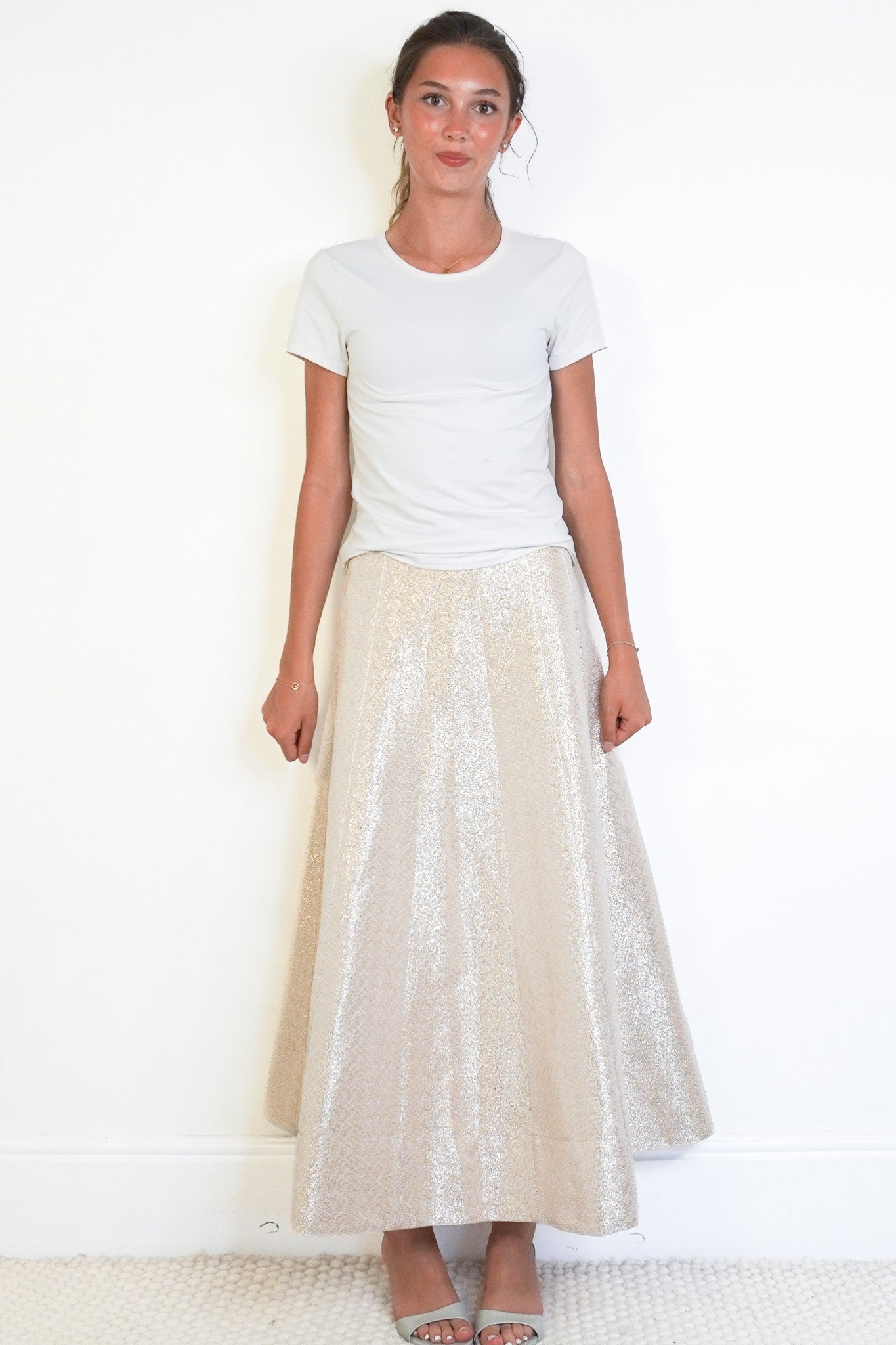 Front image of the Me + Em Gold Glitter Long Skirt Chelsea London