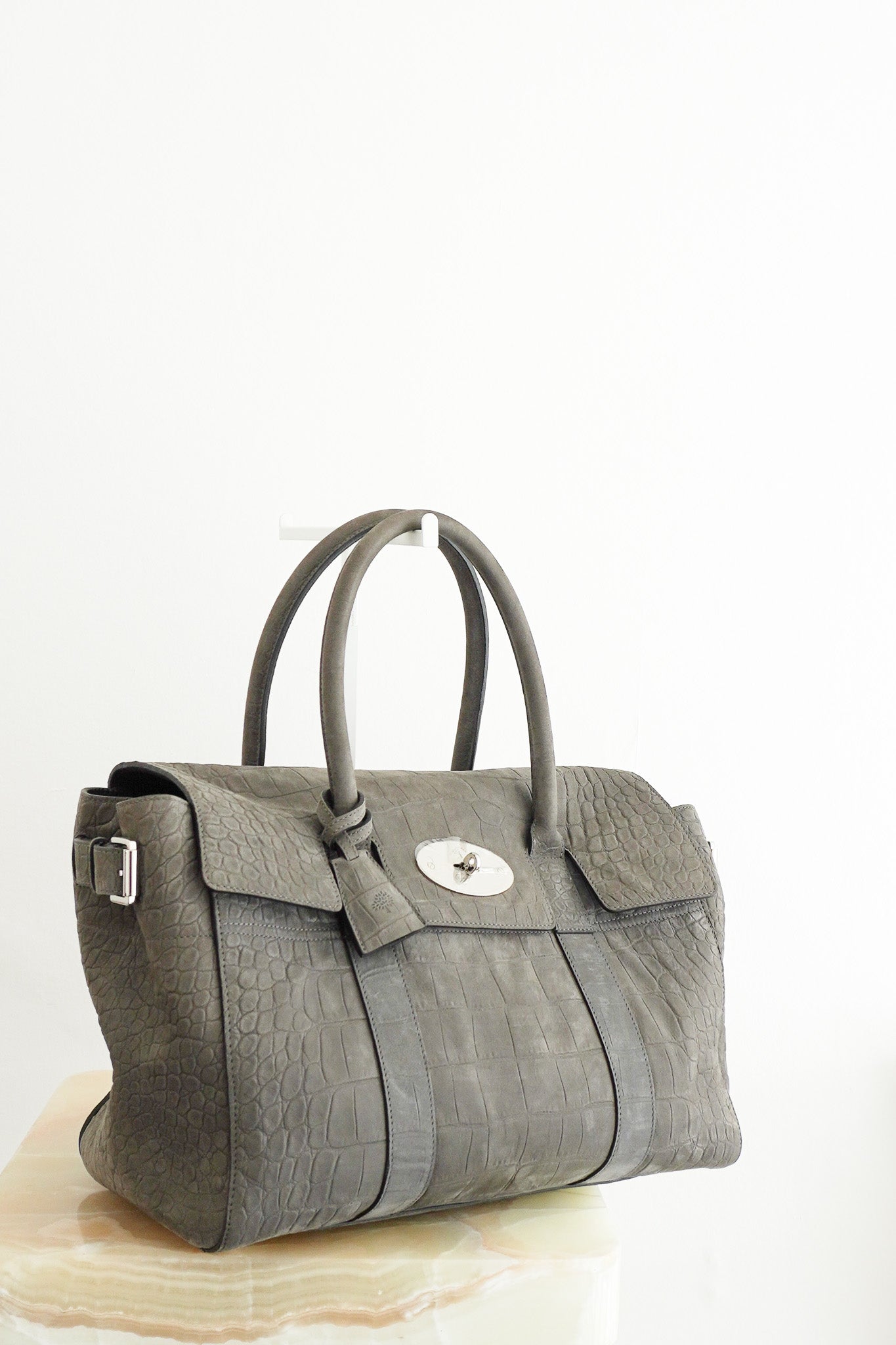 Front image of the Mulberry Bayswater Croc Tote in Grey Chelsea London